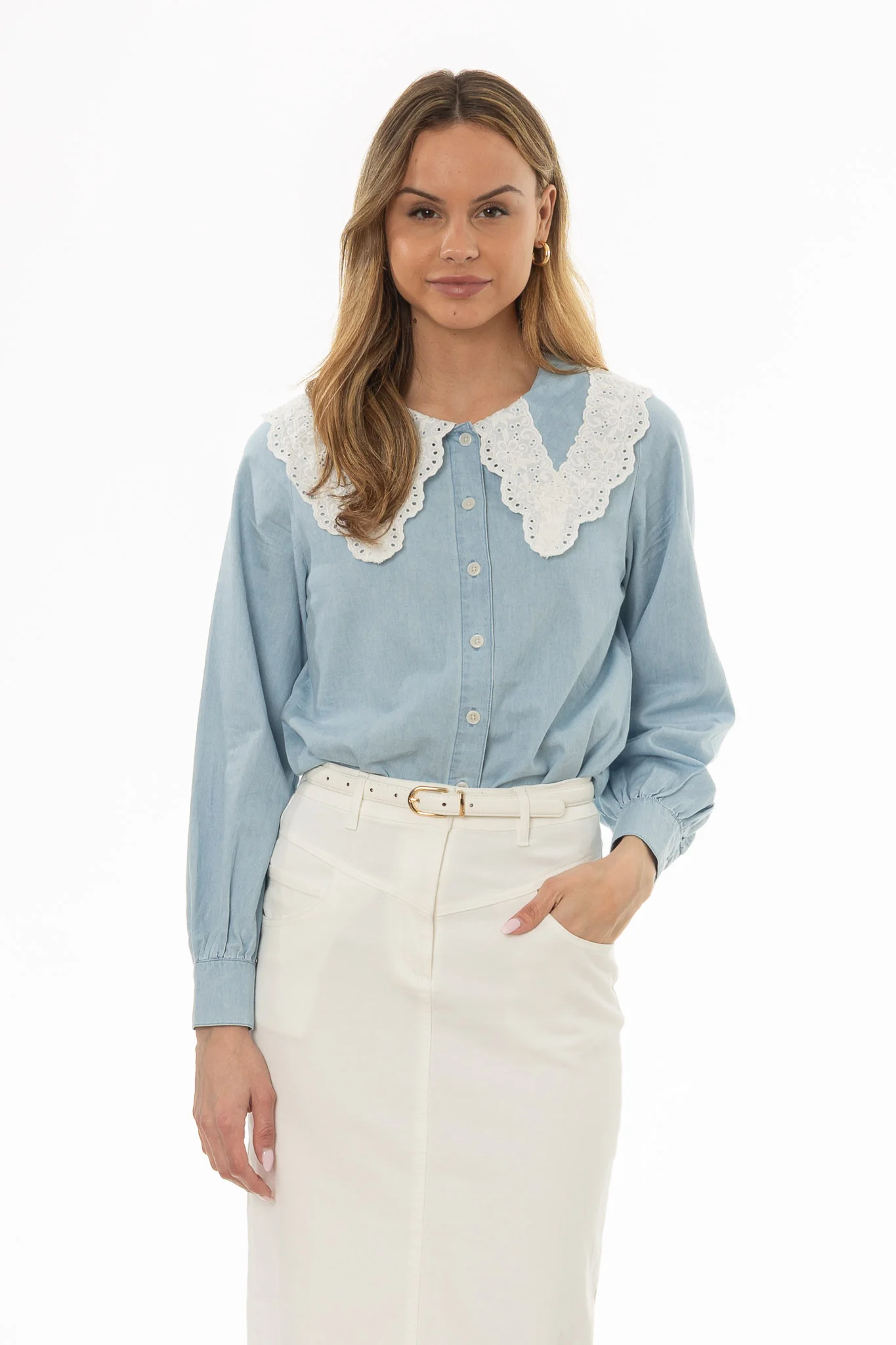 Light Blue Eyelet Collar Denim Blouse - Image 5