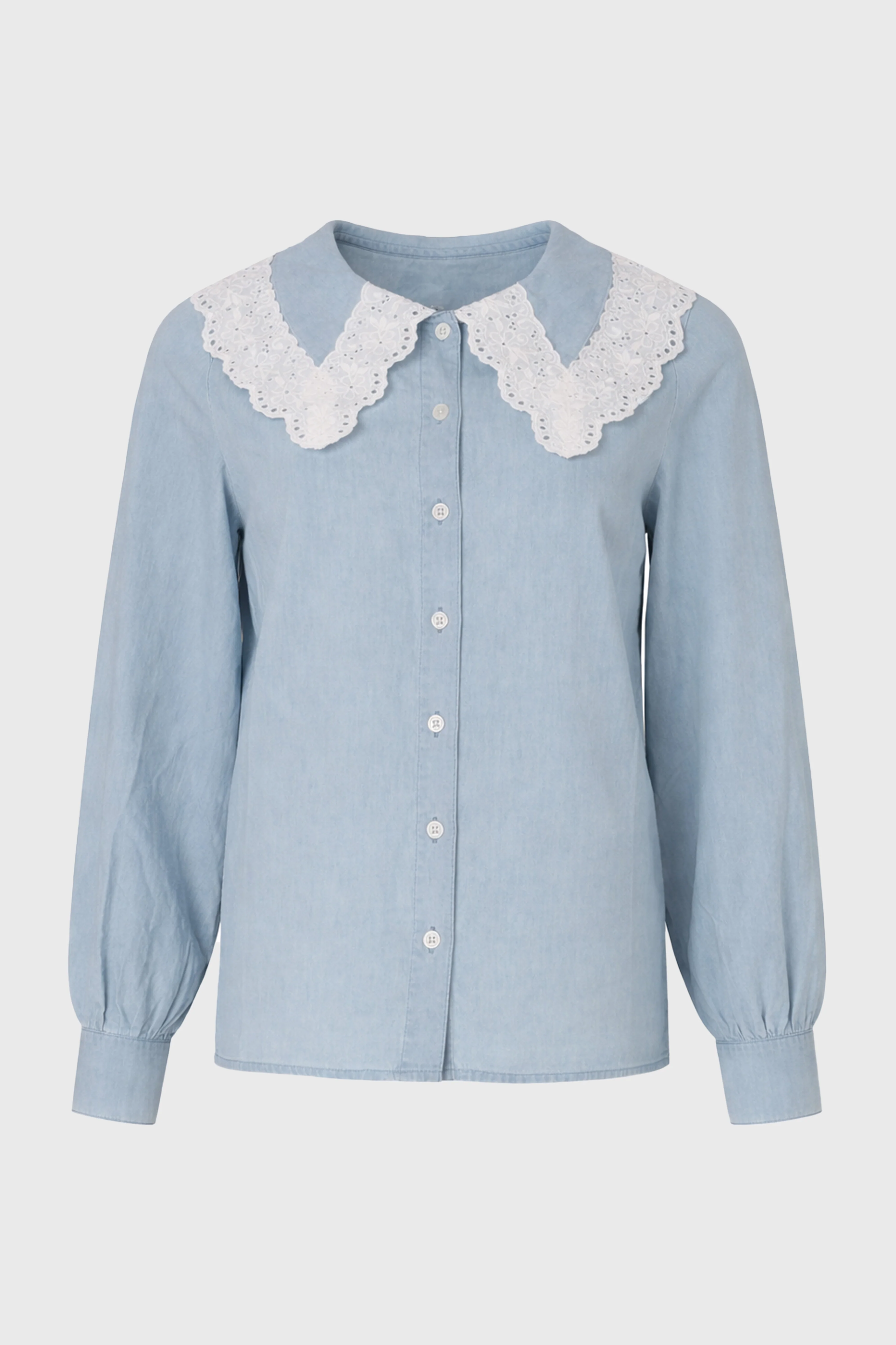 Light Blue Eyelet Collar Denim Blouse - Image 6