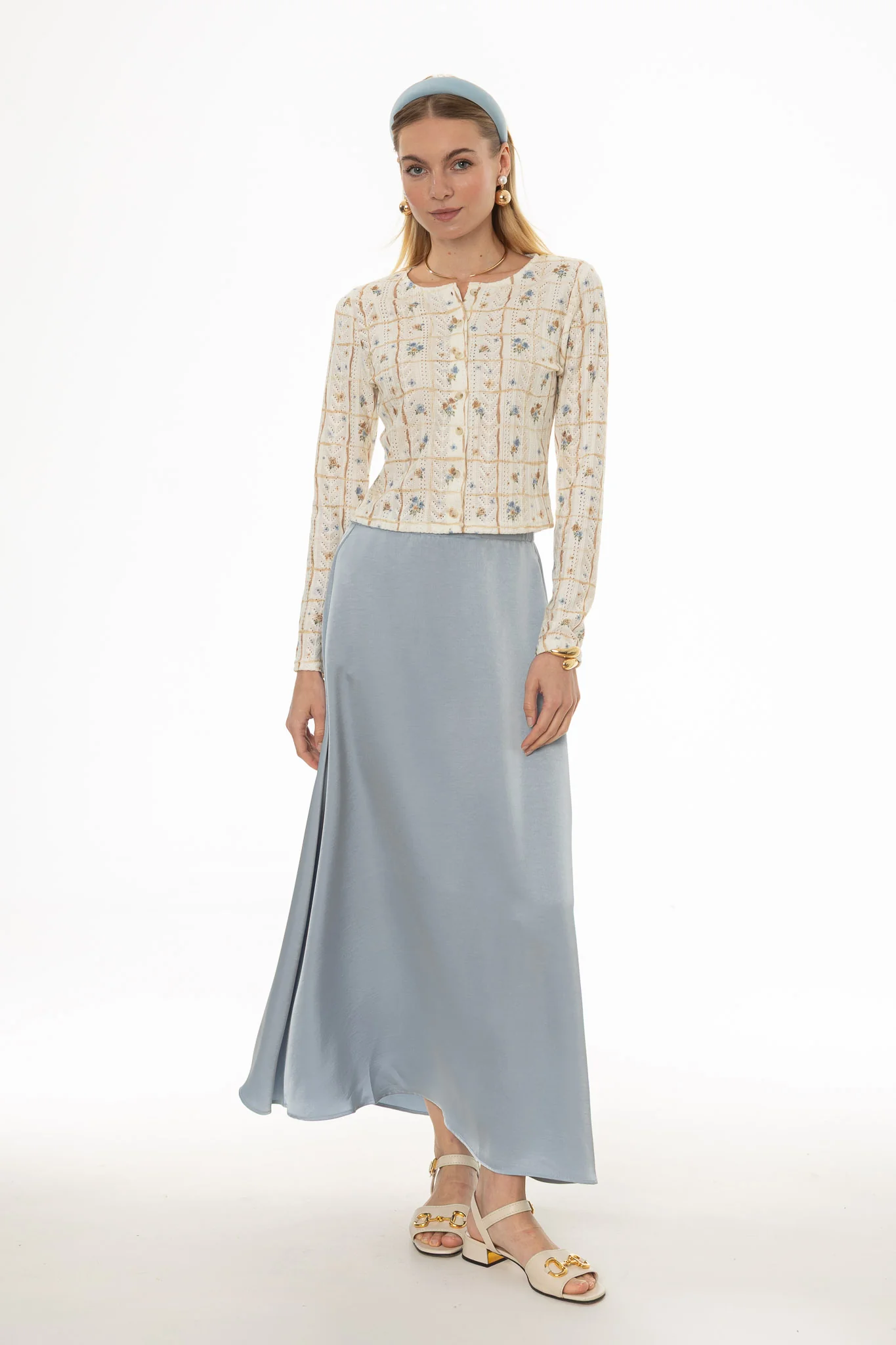 Light Blue Silk Feel Flare Maxi Skirt - Image 5