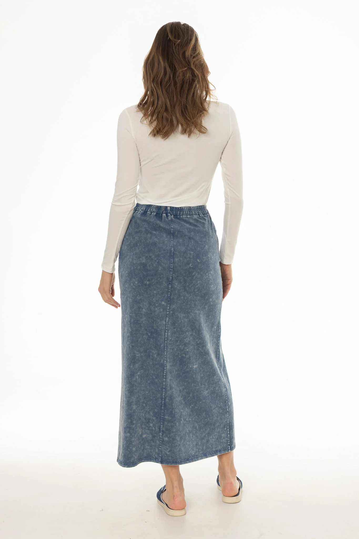 Light Blue Stretch Cotton Acid Wash Maxi Skirt - Image 4