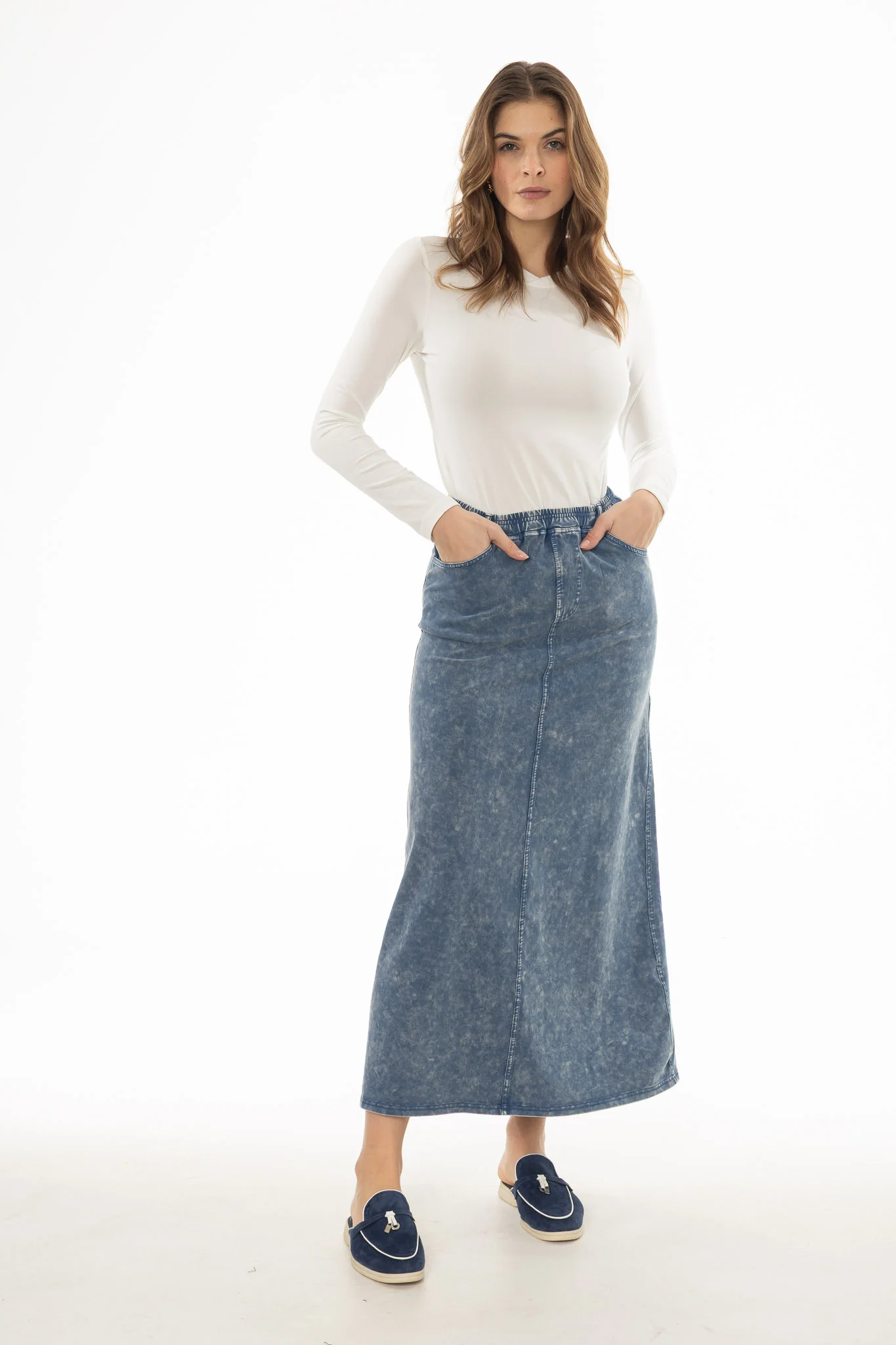 Light Blue Stretch Cotton Acid Wash Maxi Skirt - Image 5