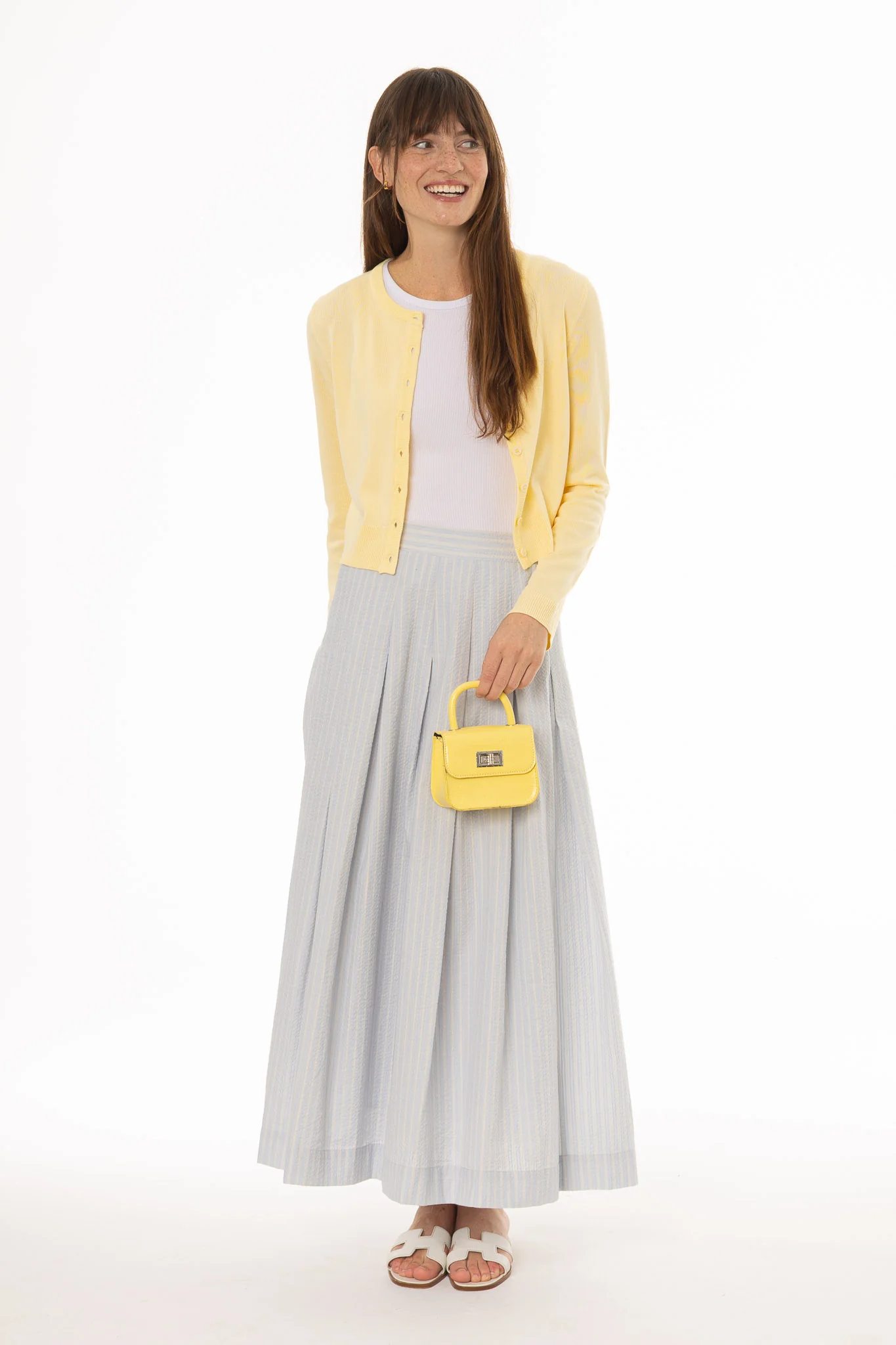 Light Blue Striped Pleated Maxi Skirt - Image 3