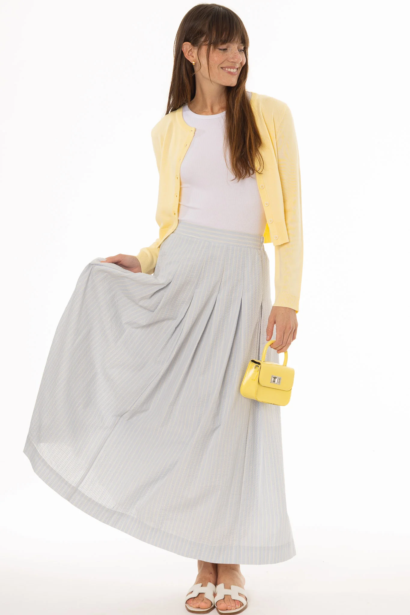 Light Blue Striped Pleated Maxi Skirt - Image 4