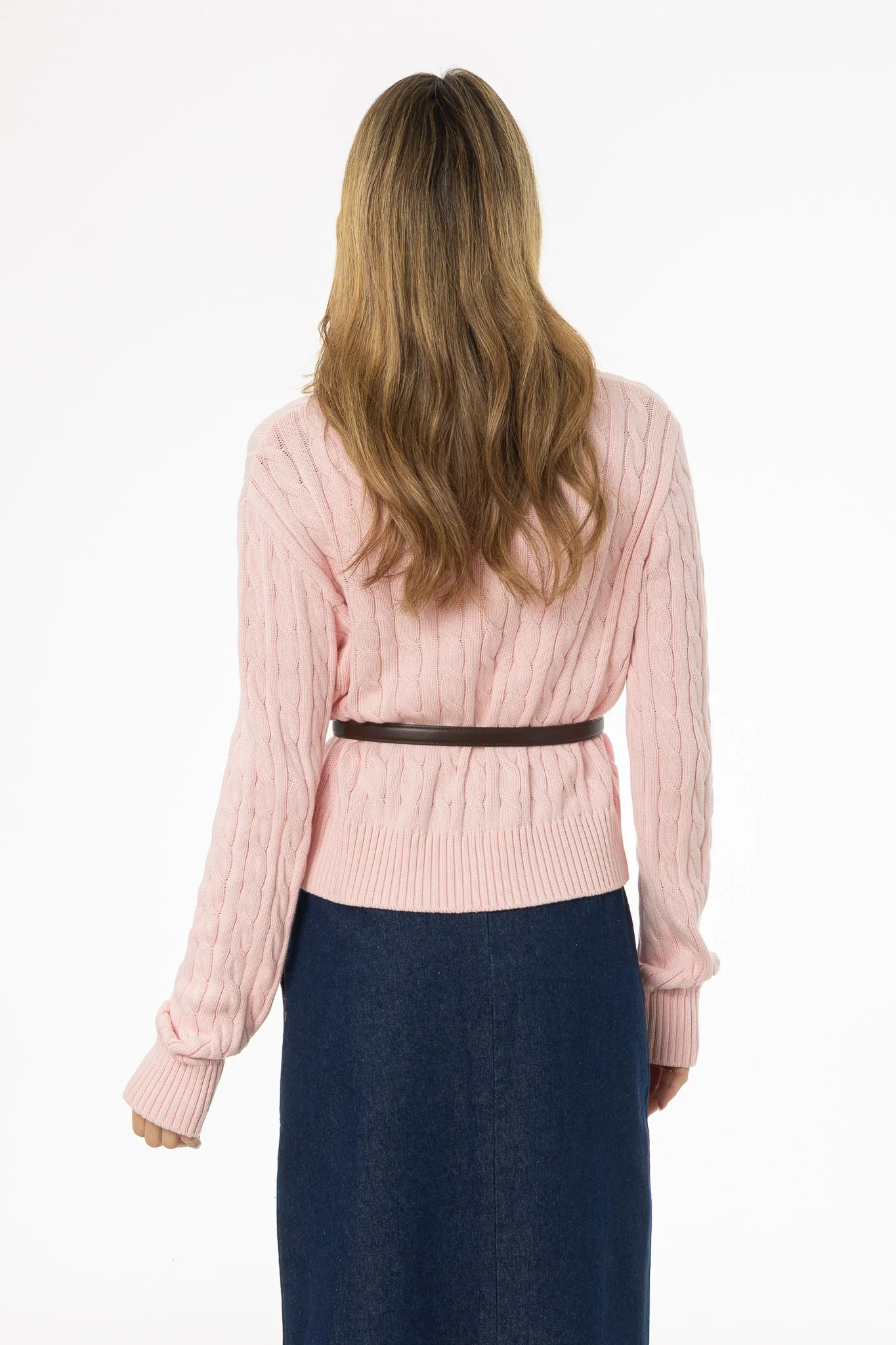 Light Pink Round Neck Cable Knit Sweater - Image 4