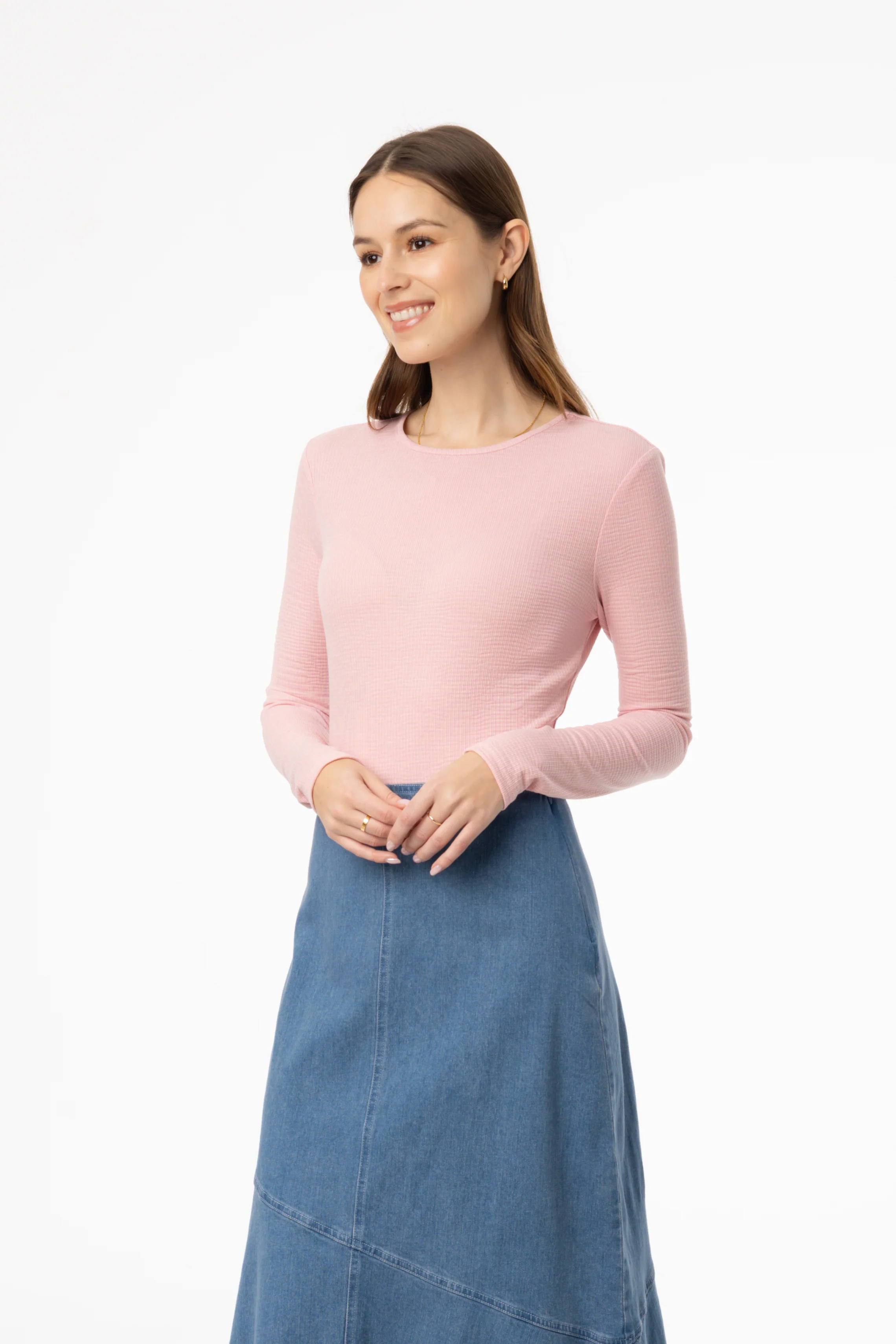 Light Pink Waved Round Neck Long Sleeve T Shirt - Image 2