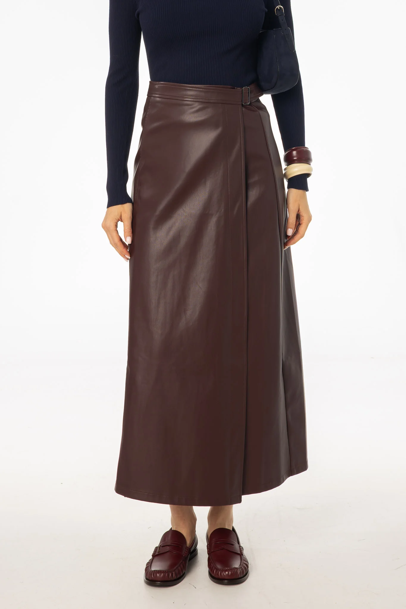Burgundy Wrap Vegan Leather Maxi Skirt - Image 2