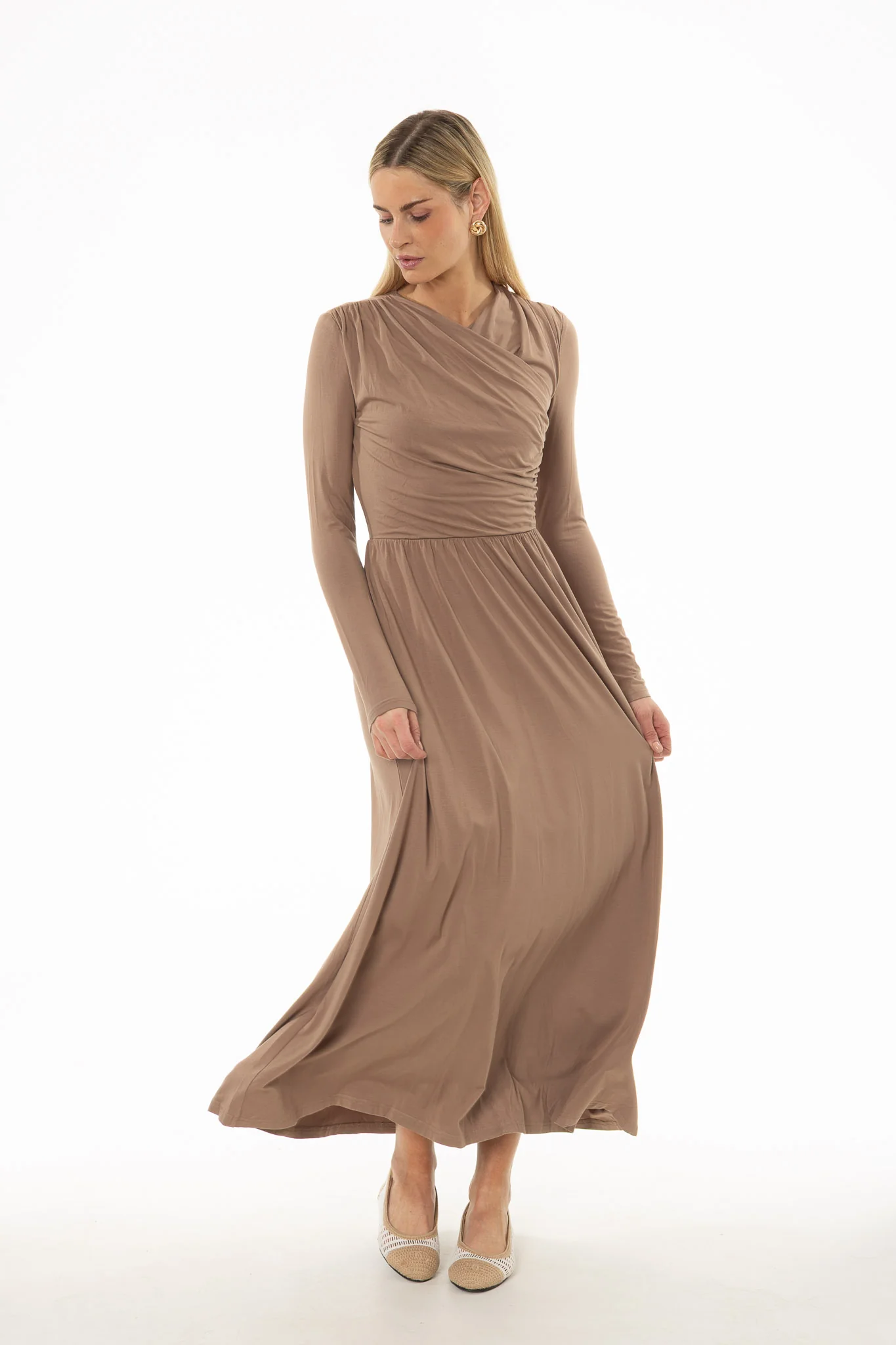 Mocha Crossover Draped Maxi Dress