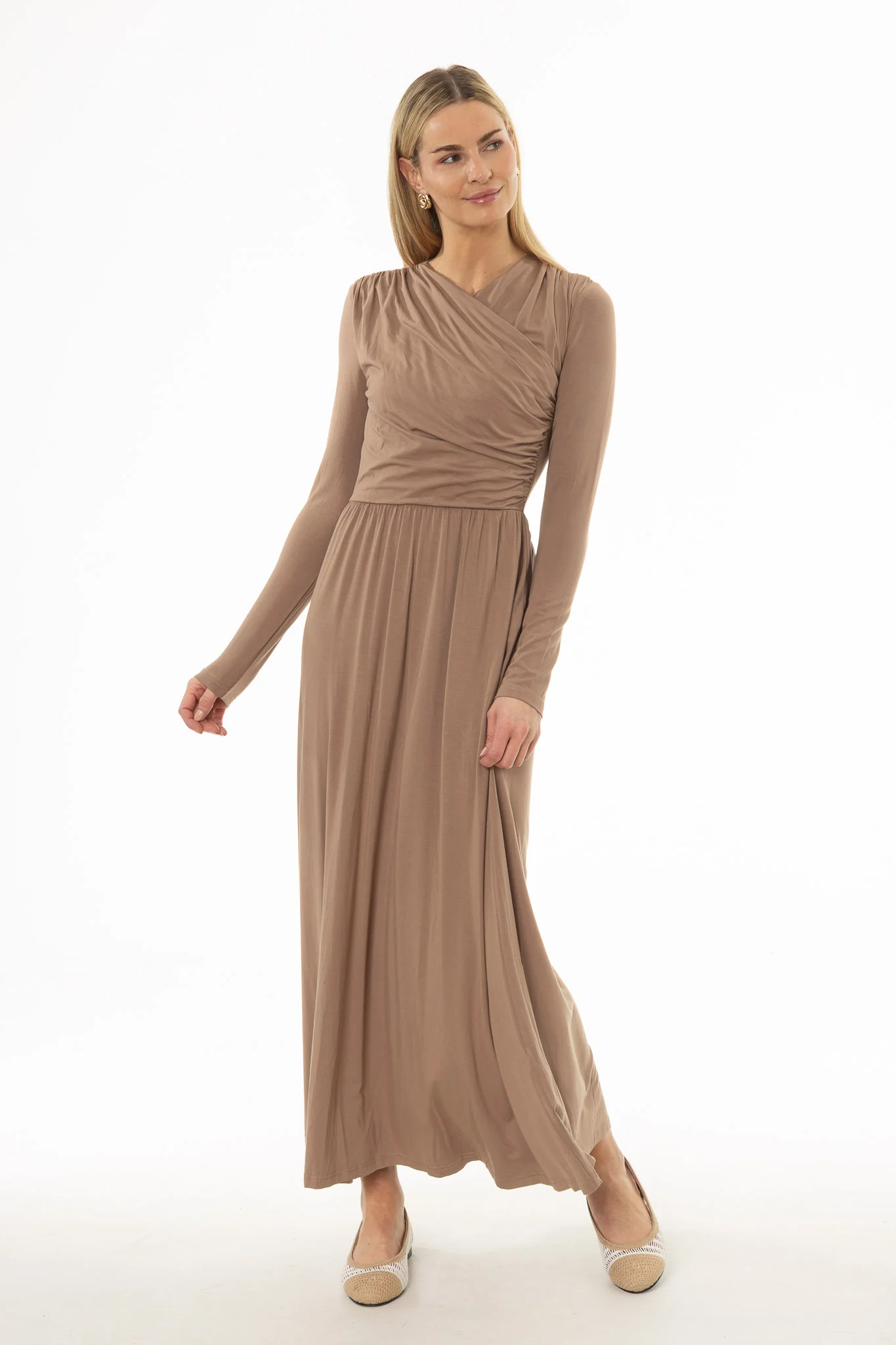 Mocha Crossover Draped Maxi Dress - Image 5