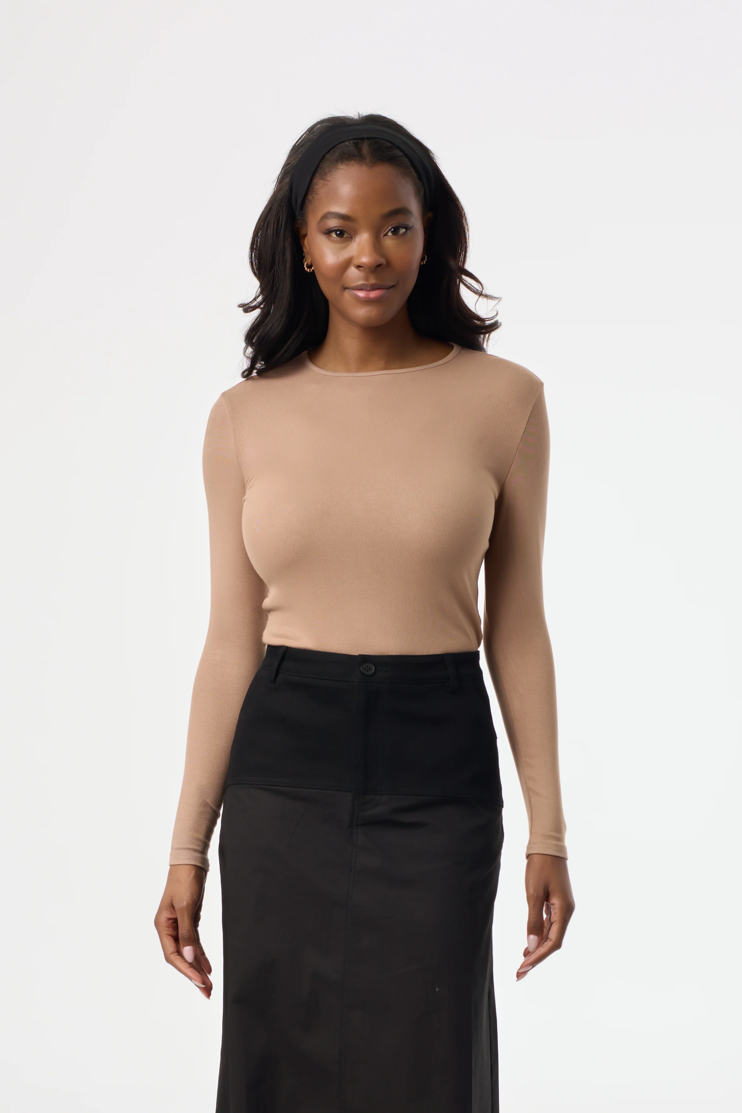 Mocha Solid Round Neck Long Sleeve T-Shirt - Image 4