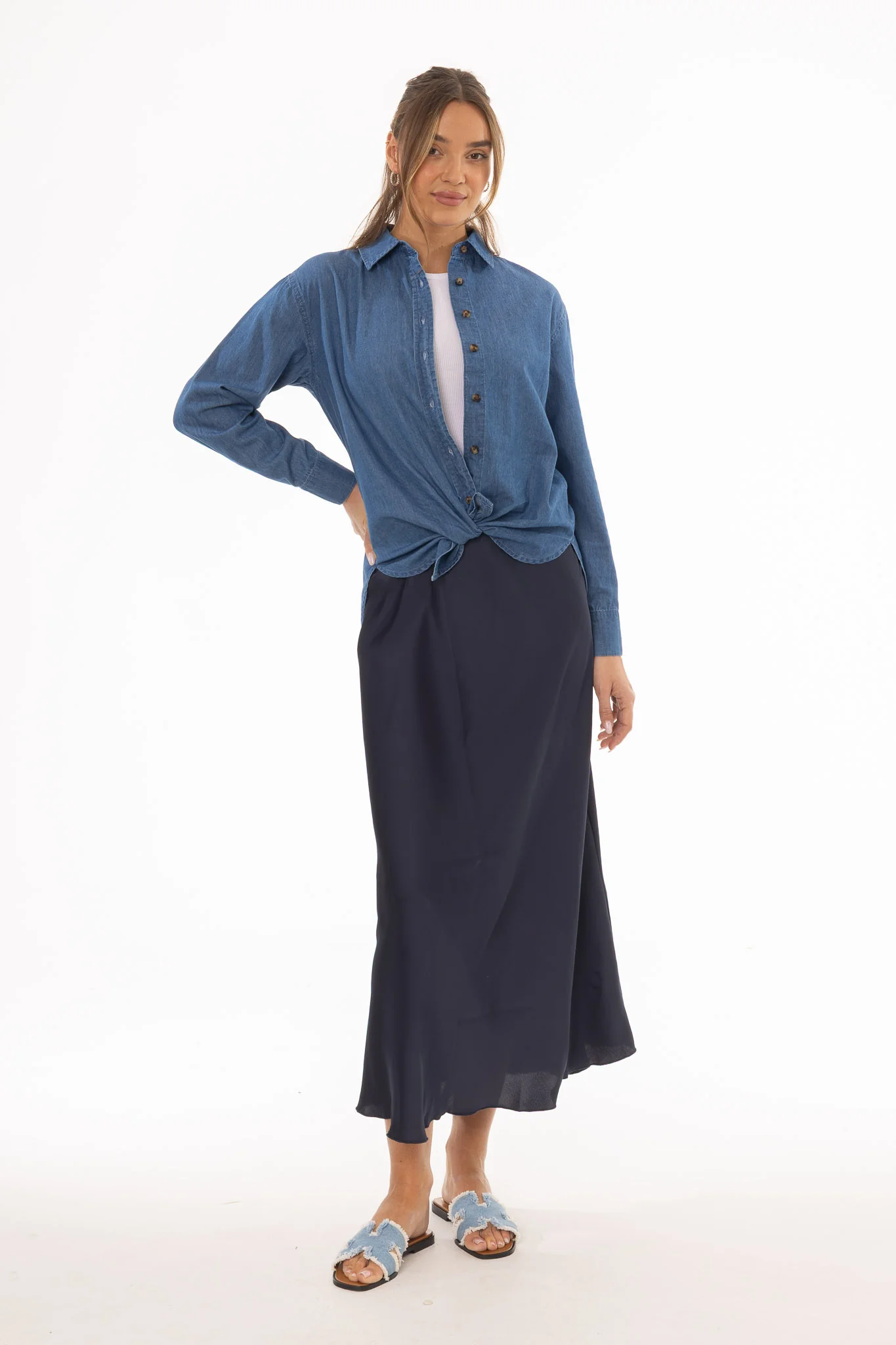 Navy A-Line Satin Effect Maxi Skirt