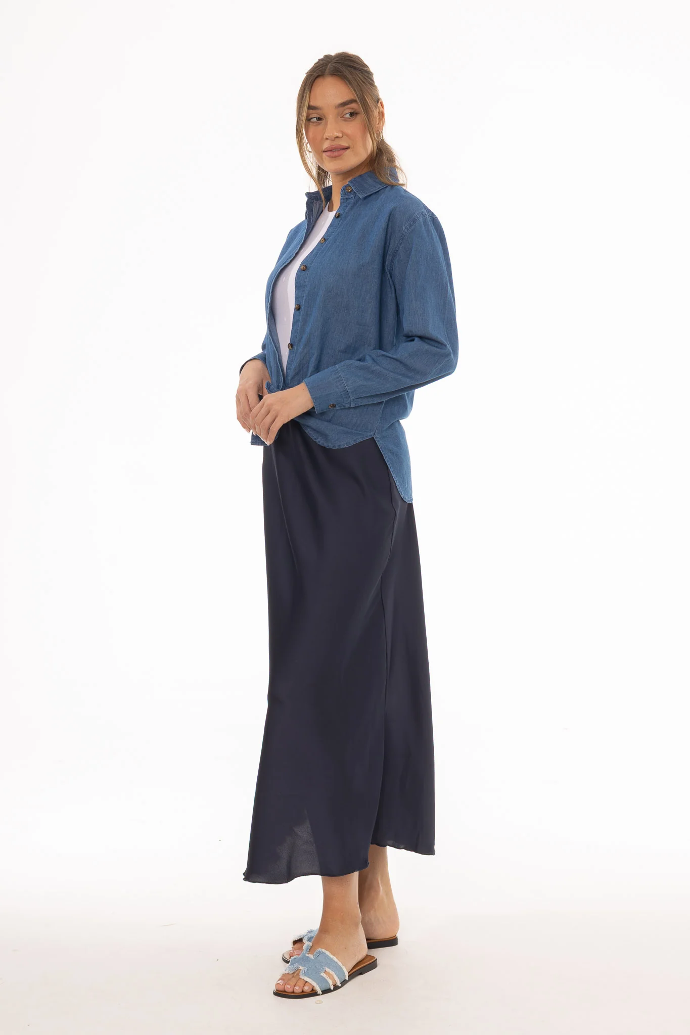 Navy A-Line Satin Effect Maxi Skirt - Image 2