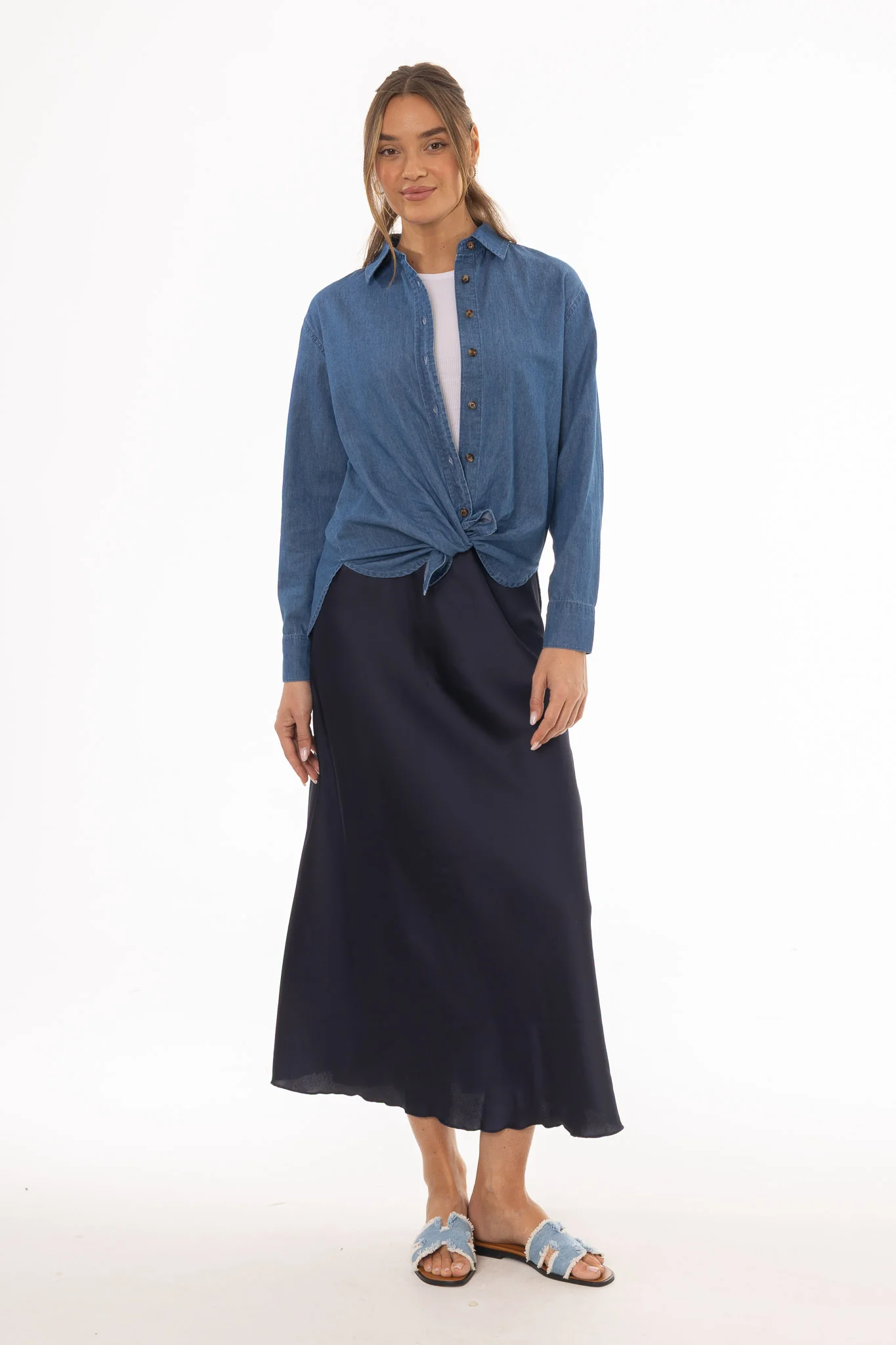 Navy A-Line Satin Effect Maxi Skirt - Image 4