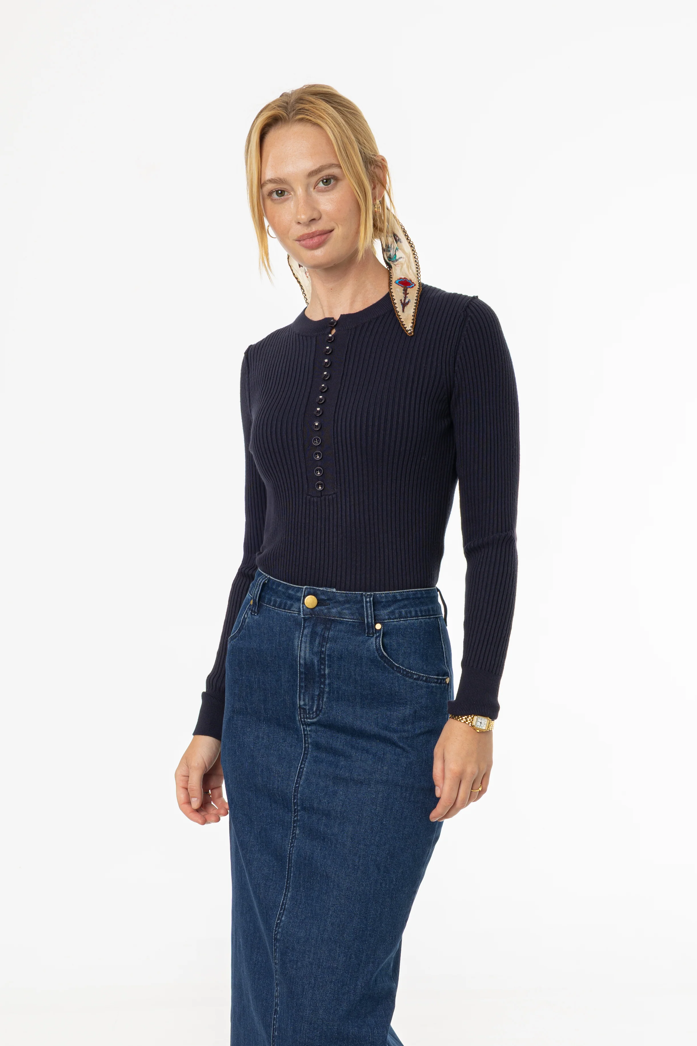 Navy Button Knit Top - Image 3