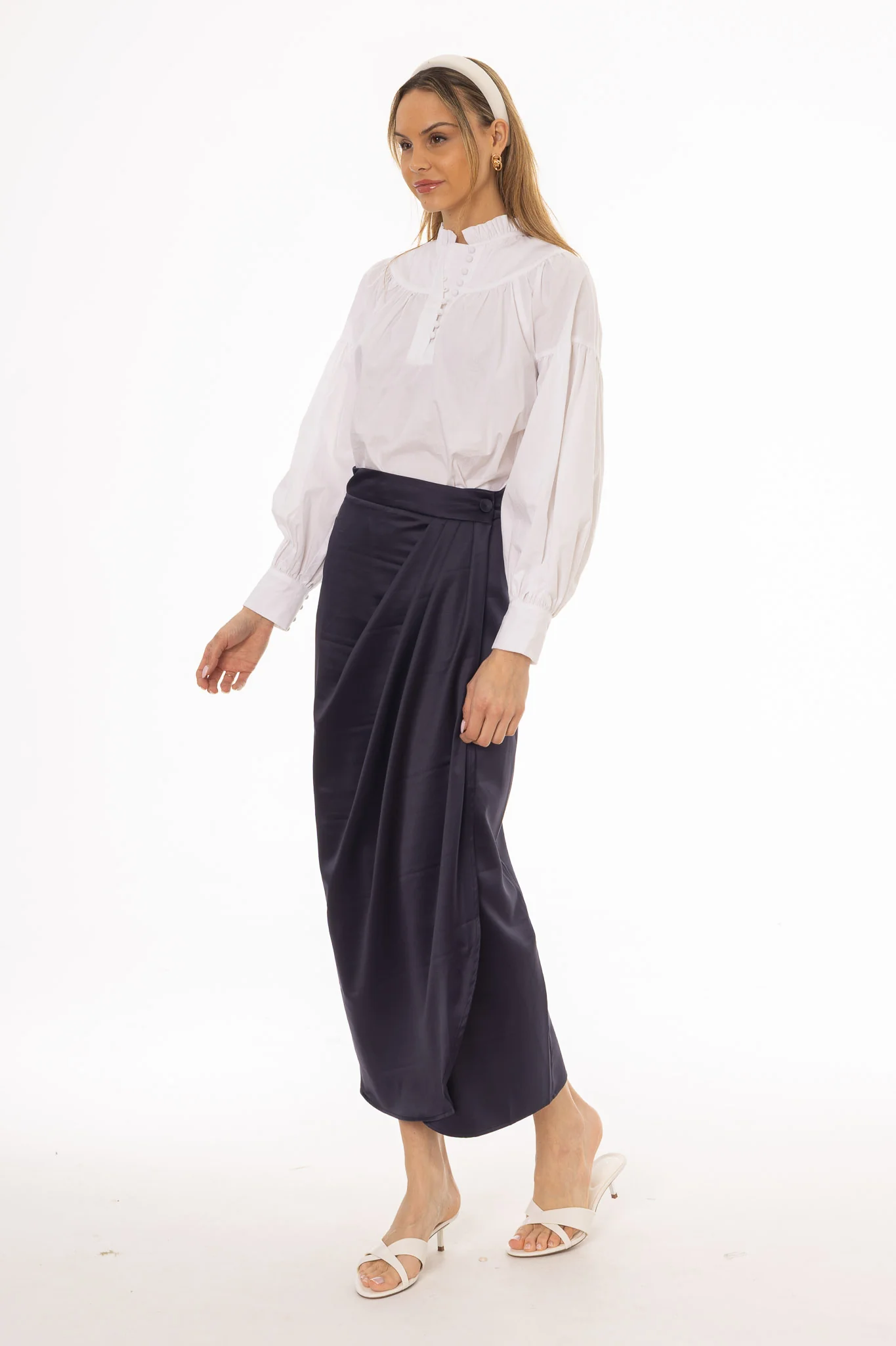 Navy Draped Wrap Maxi Skirt - Image 3