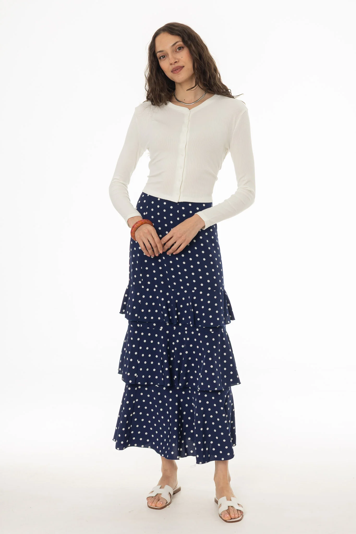 Navy Polka Dot Ruffle Maxi Skirt