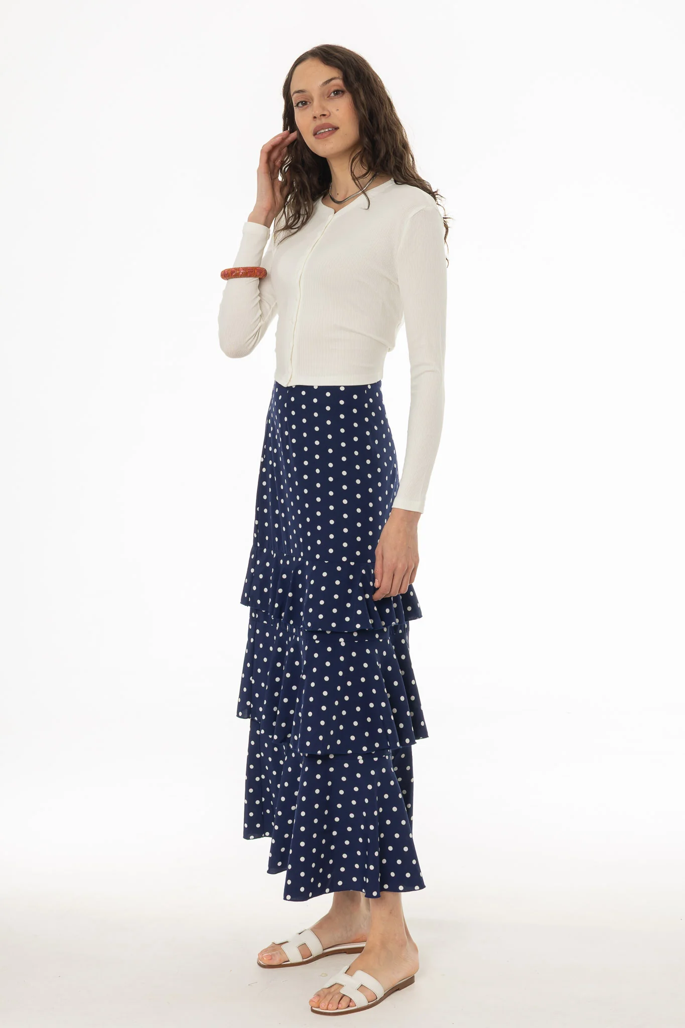 Navy Polka Dot Ruffle Maxi Skirt - Image 3