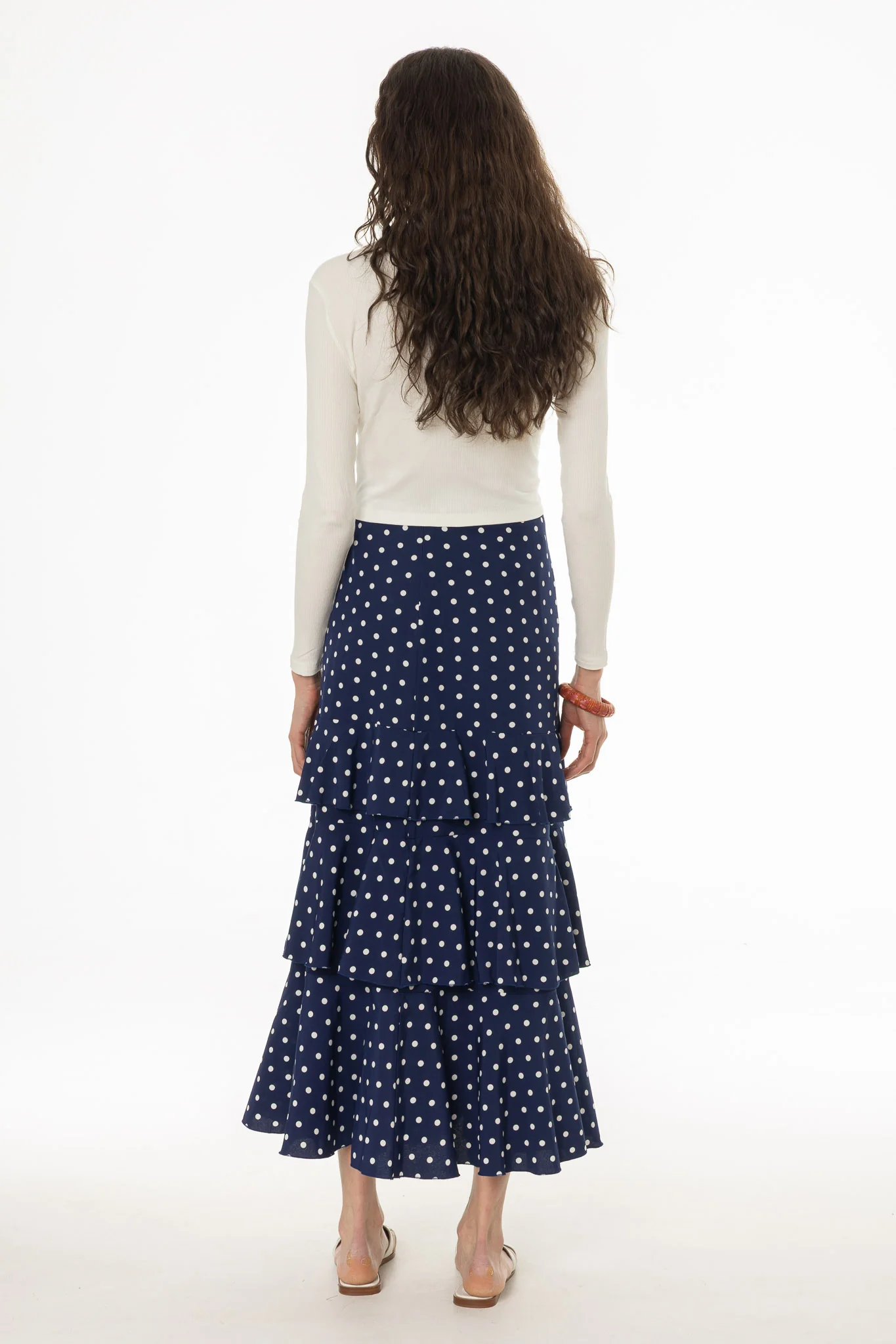 Navy Polka Dot Ruffle Maxi Skirt - Image 4
