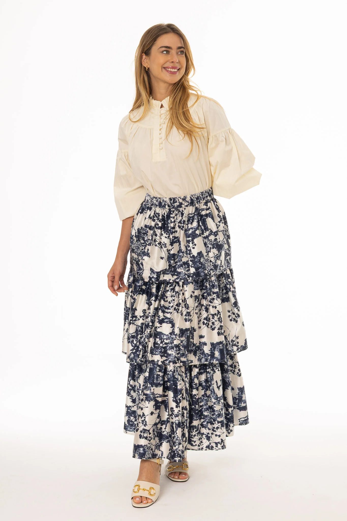 Navy Printed Tiered Maxi Skirt