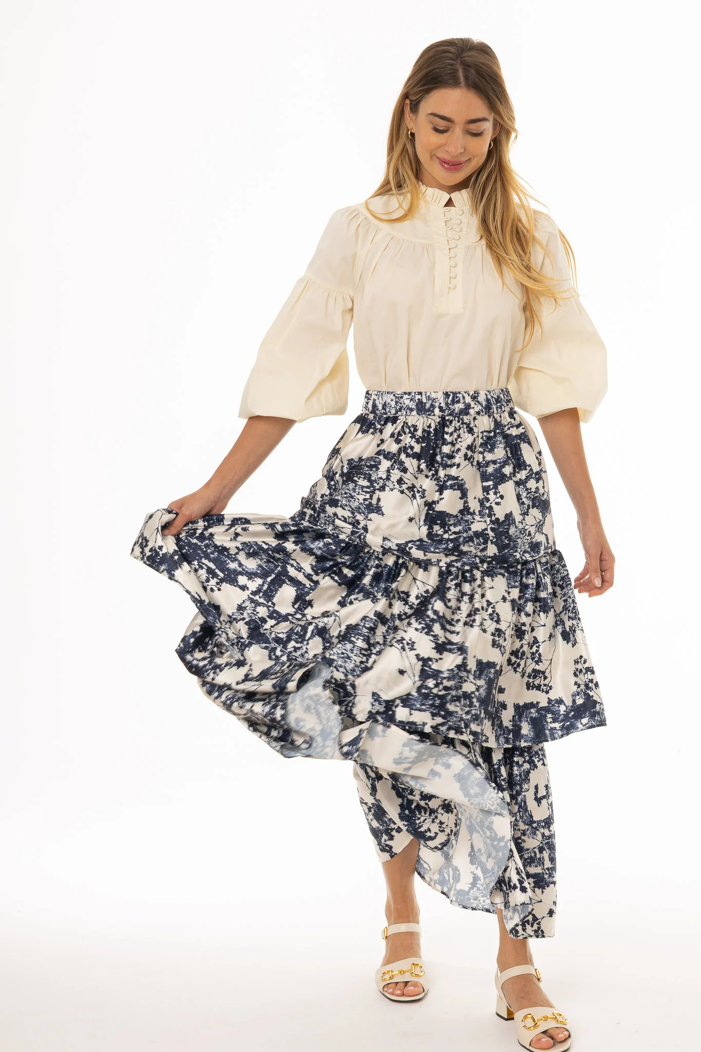 Navy Printed Tiered Maxi Skirt - Image 2