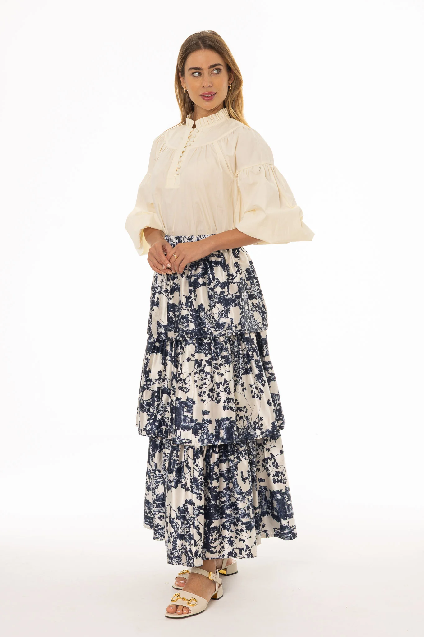 Navy Printed Tiered Maxi Skirt - Image 4