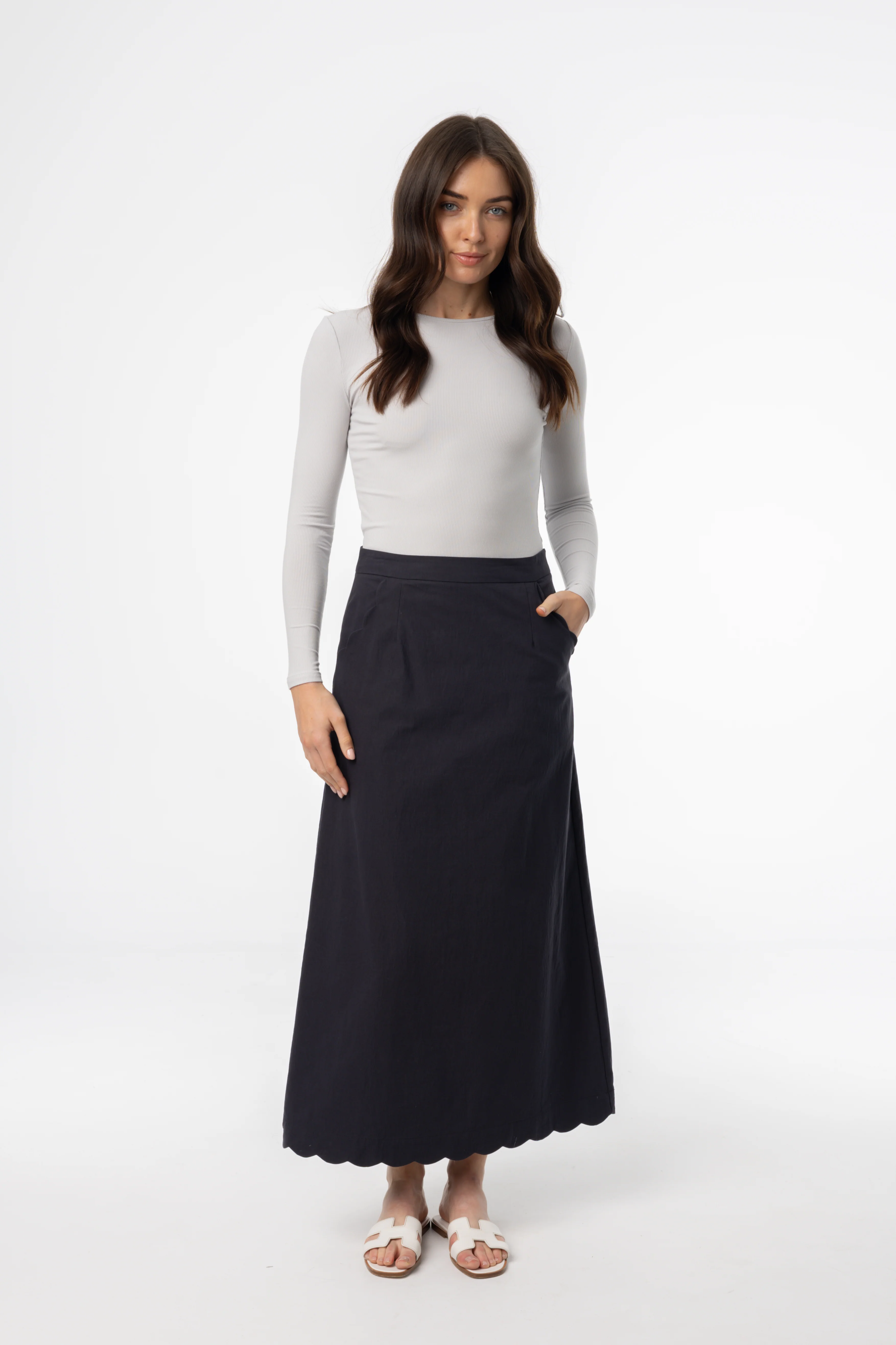 Navy Scalloped Maxi Skirt