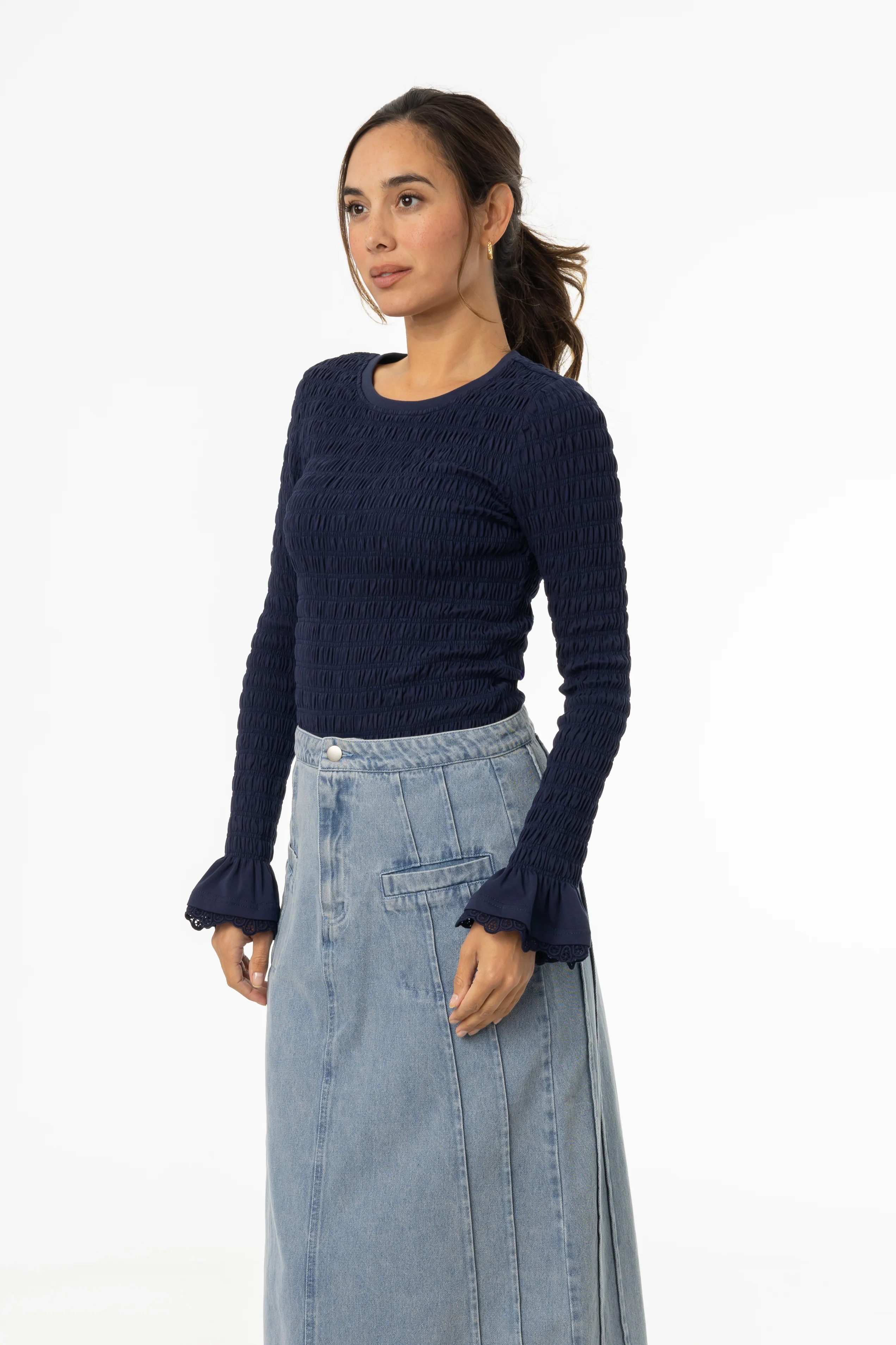 Navy Smocked Ruffle Sleeve T-Shirt - Image 2