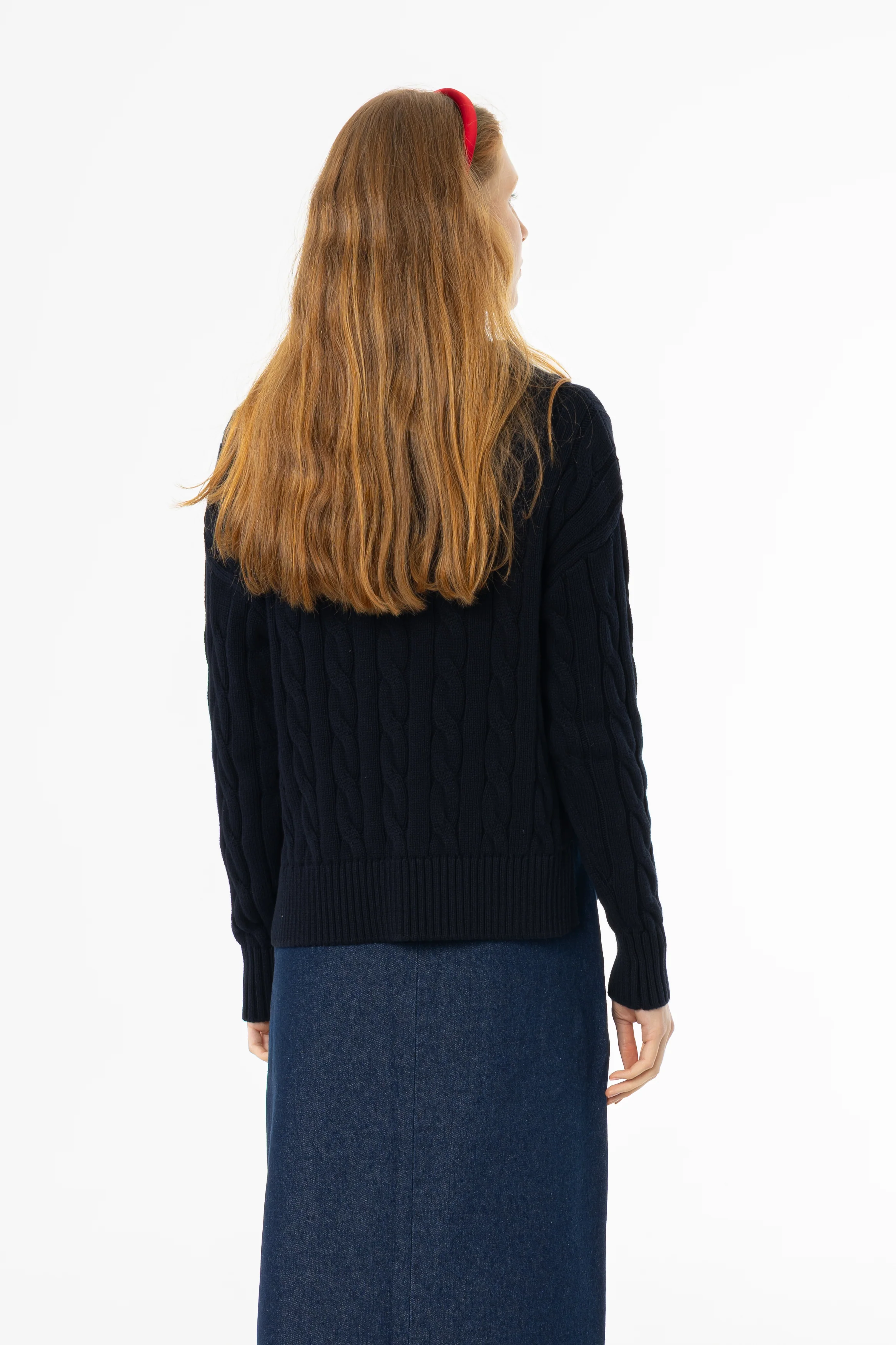 Navy V-Neck Cable Knit Sweater - Image 4