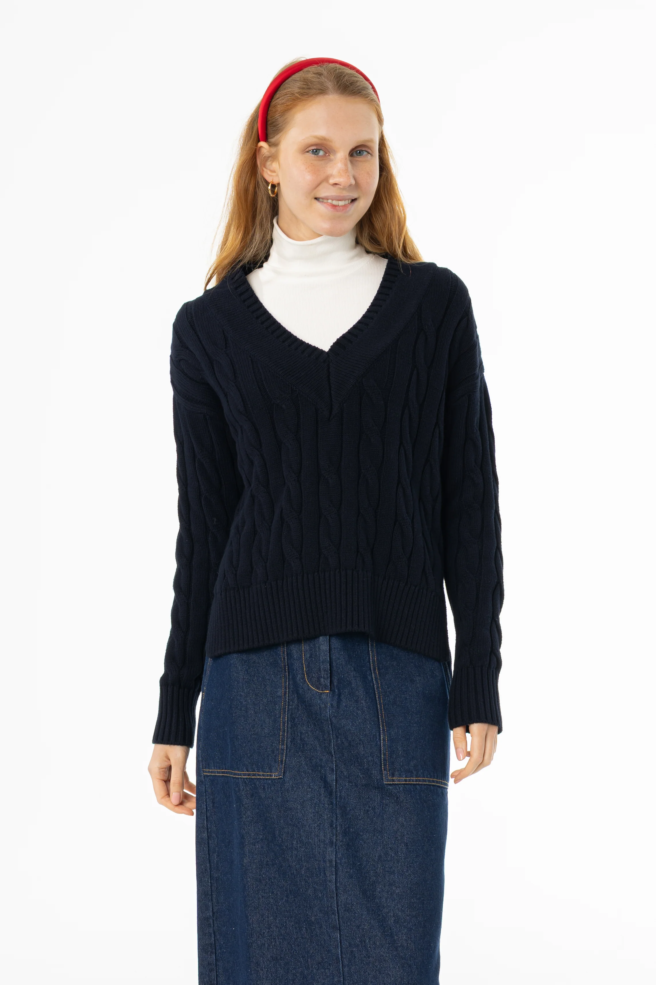 Navy V-Neck Cable Knit Sweater - Image 5