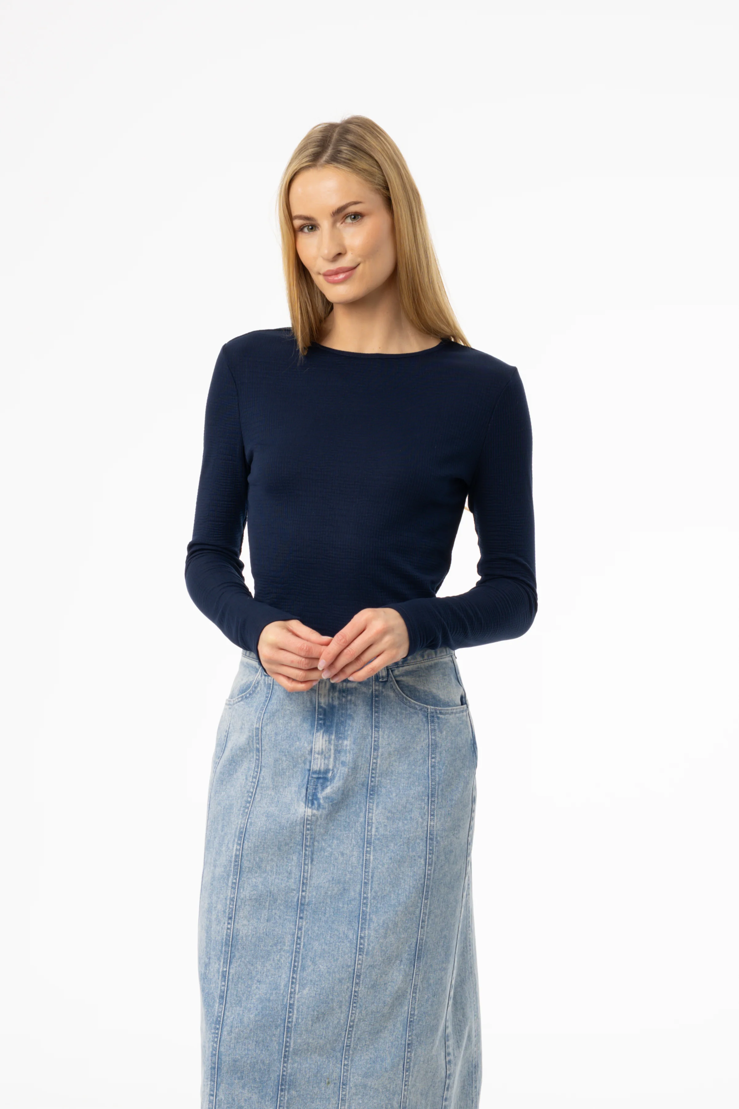 Navy Waved Round Neck Long Sleeve T Shirt