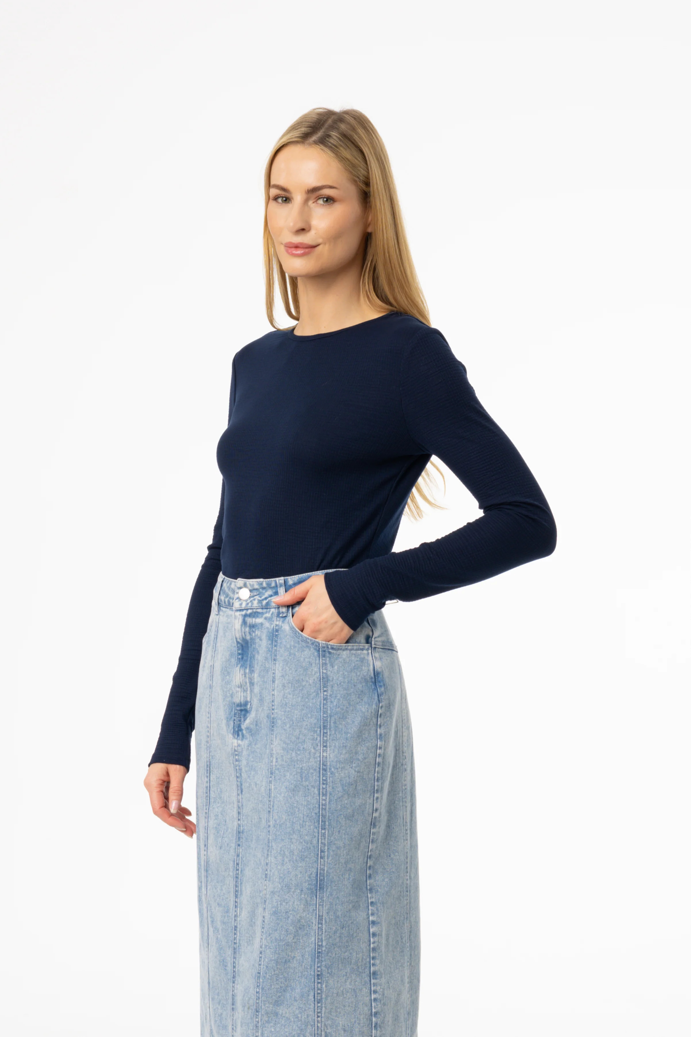 Navy Waved Round Neck Long Sleeve T Shirt - Image 2