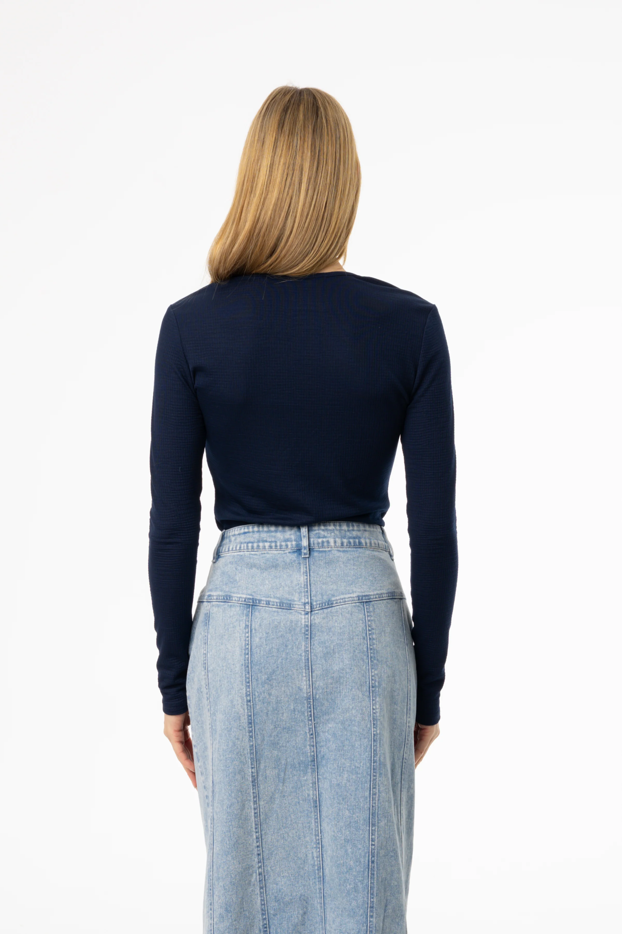 Navy Waved Round Neck Long Sleeve T Shirt - Image 3