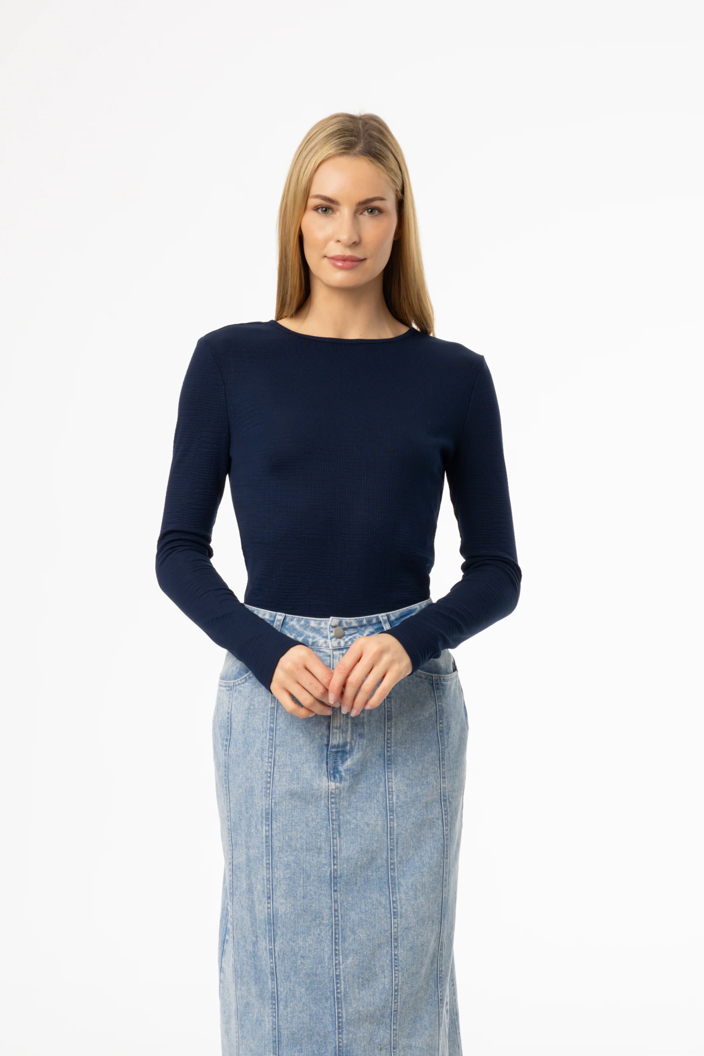 Navy Waved Round Neck Long Sleeve T Shirt - Image 4