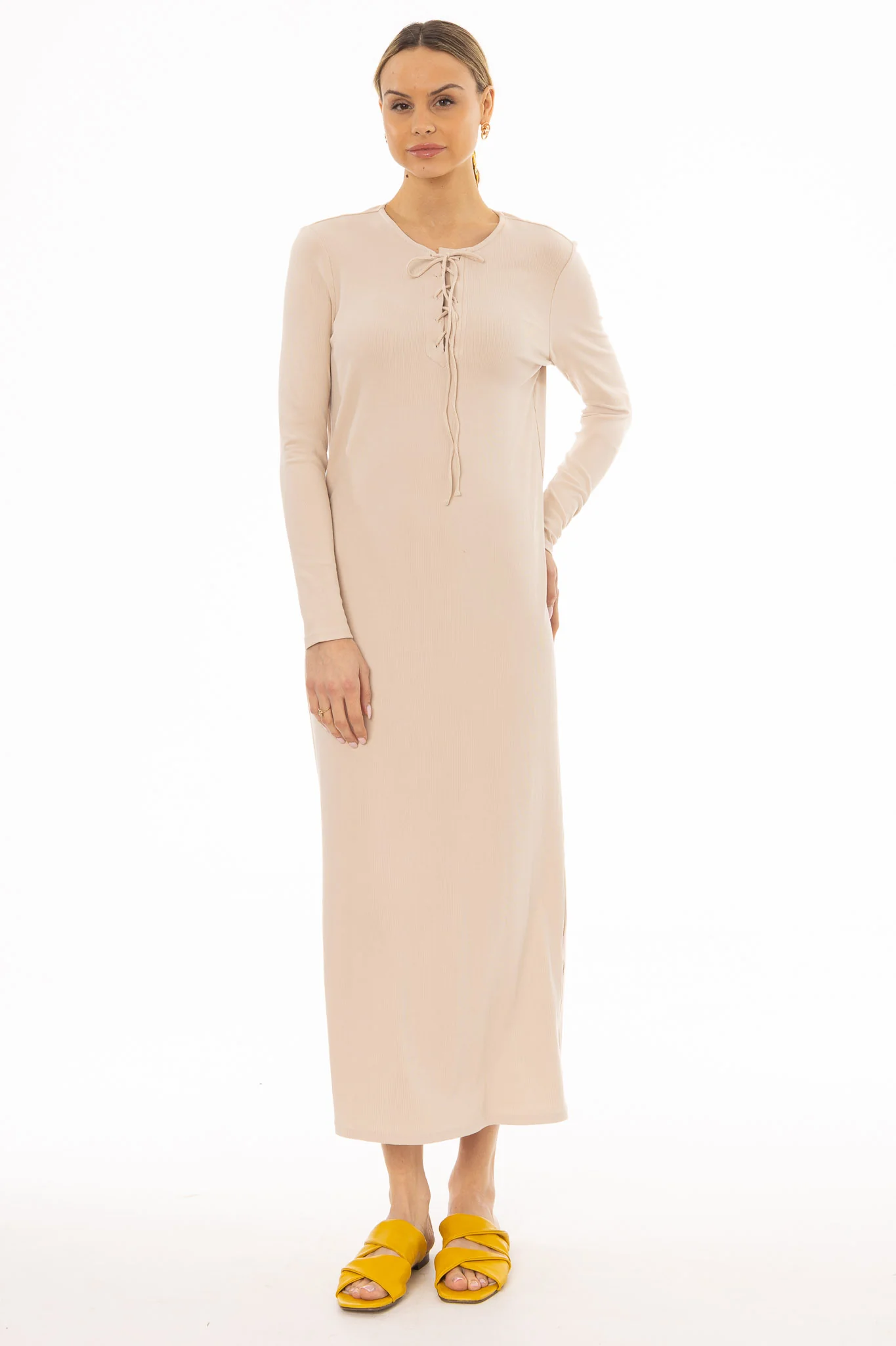 Oatmeal Criss Cross Tie Maxi Dress - Image 3
