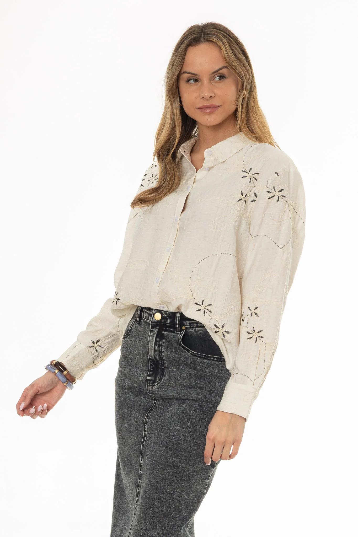 Oatmeal Embroidered Linen Feel Blouse - Image 3