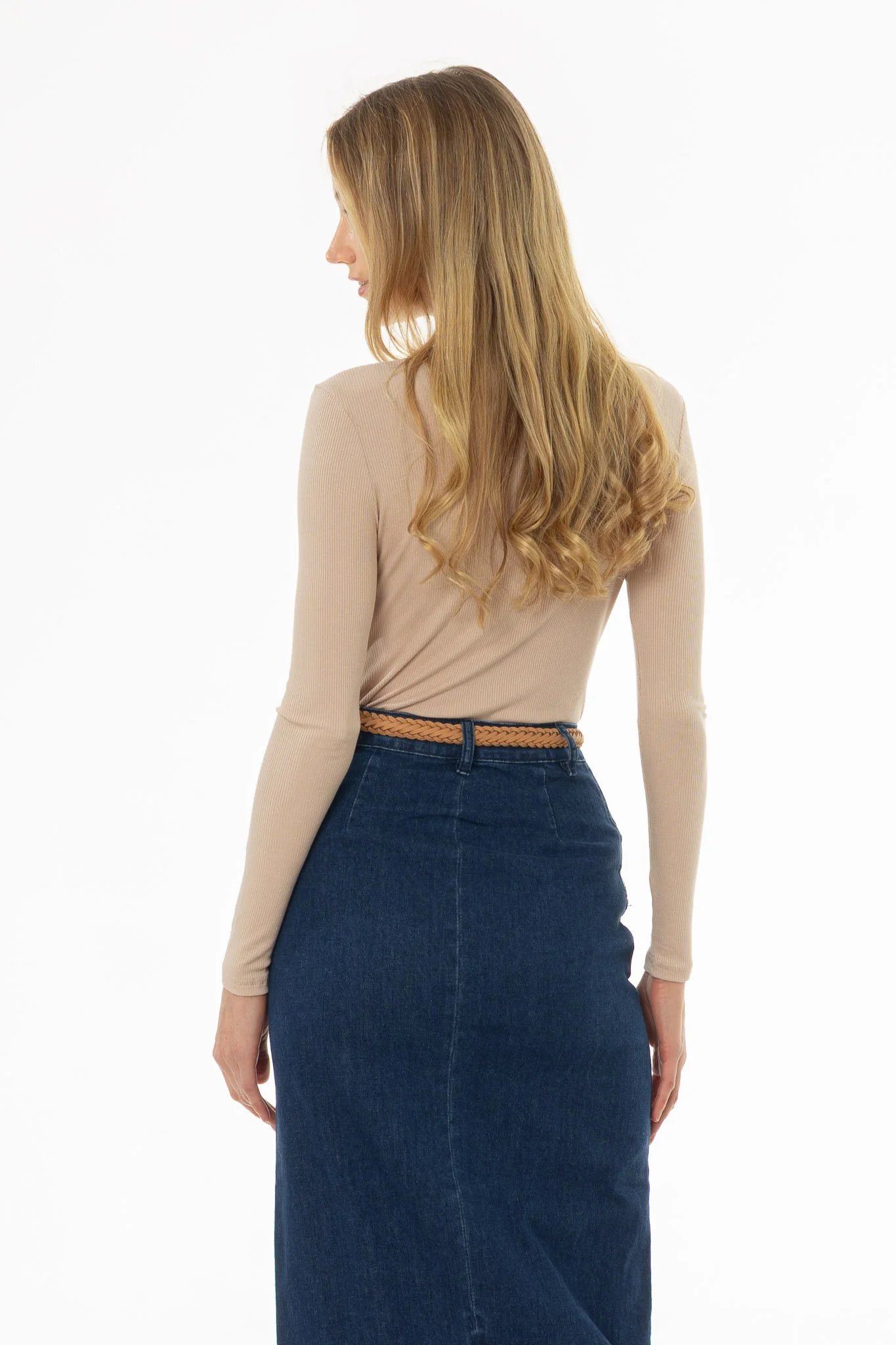Oatmeal Ribbed V-Neck Long Sleeve T-Shirt - Image 4