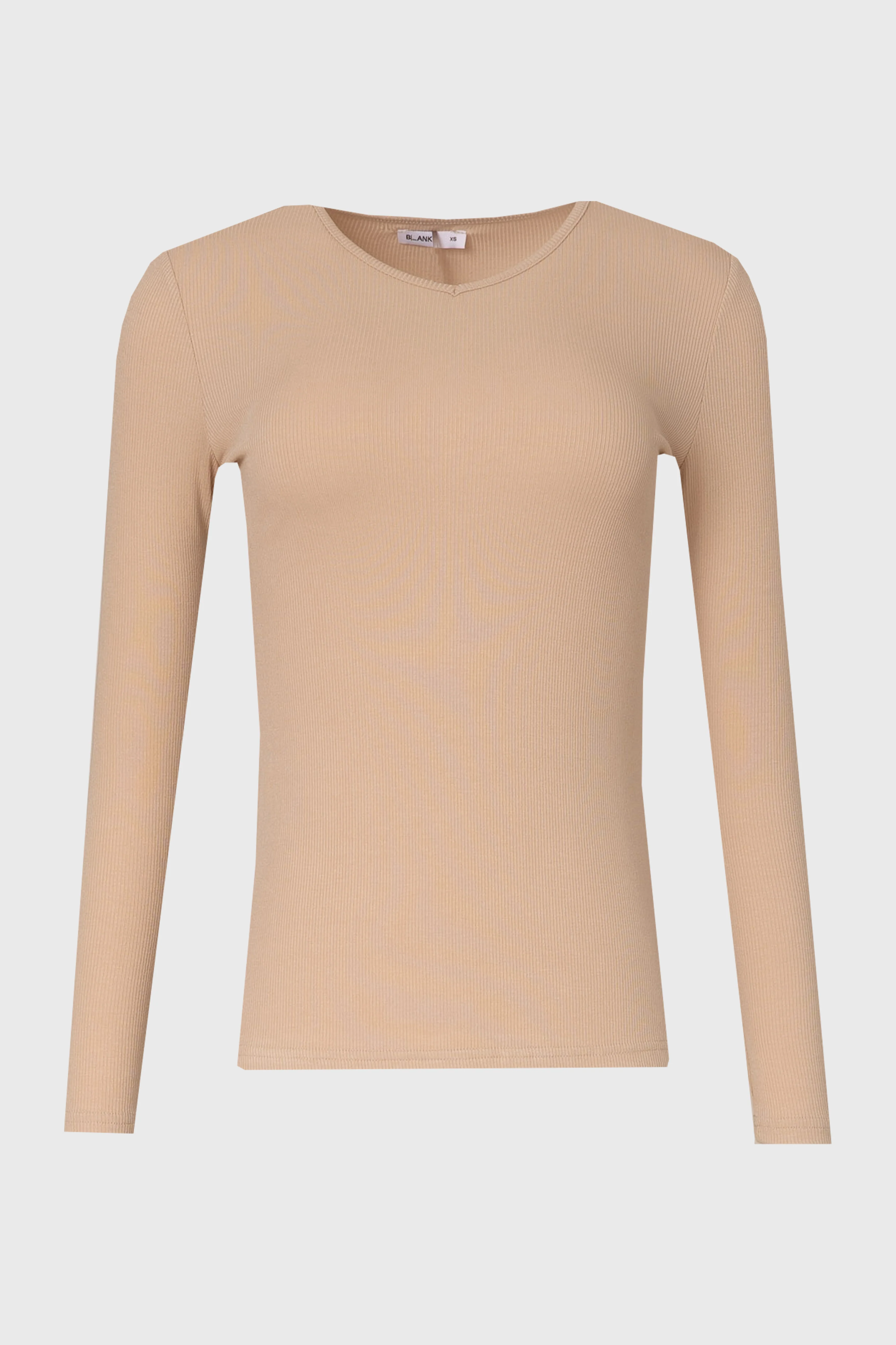 Oatmeal Ribbed V-Neck Long Sleeve T-Shirt - Image 6