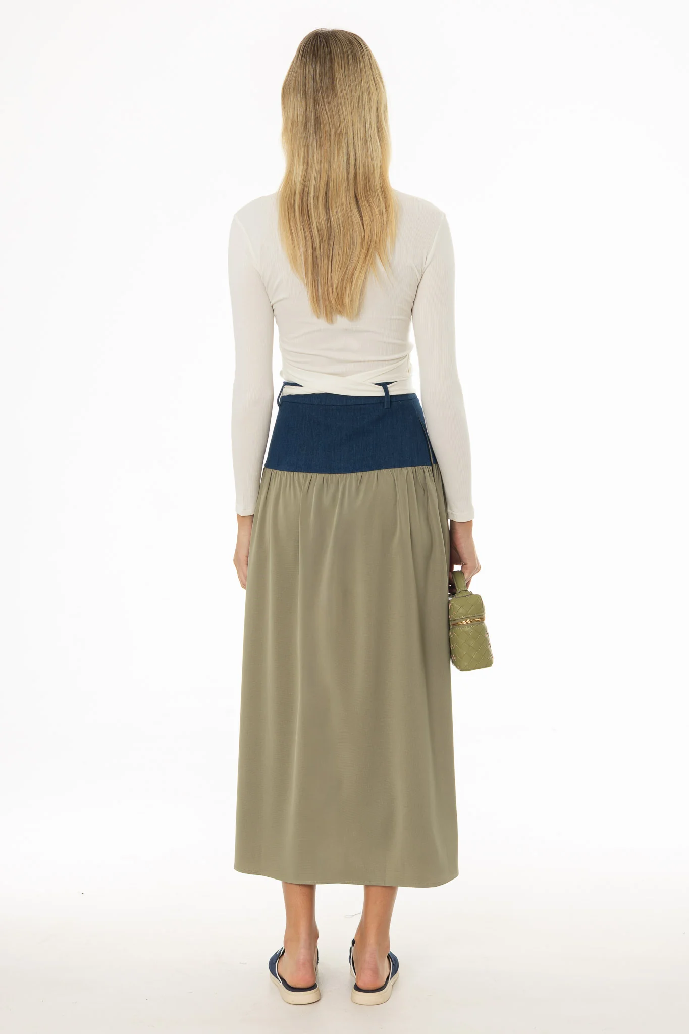 Olive Denim Combo Maxi Skirt - Image 4