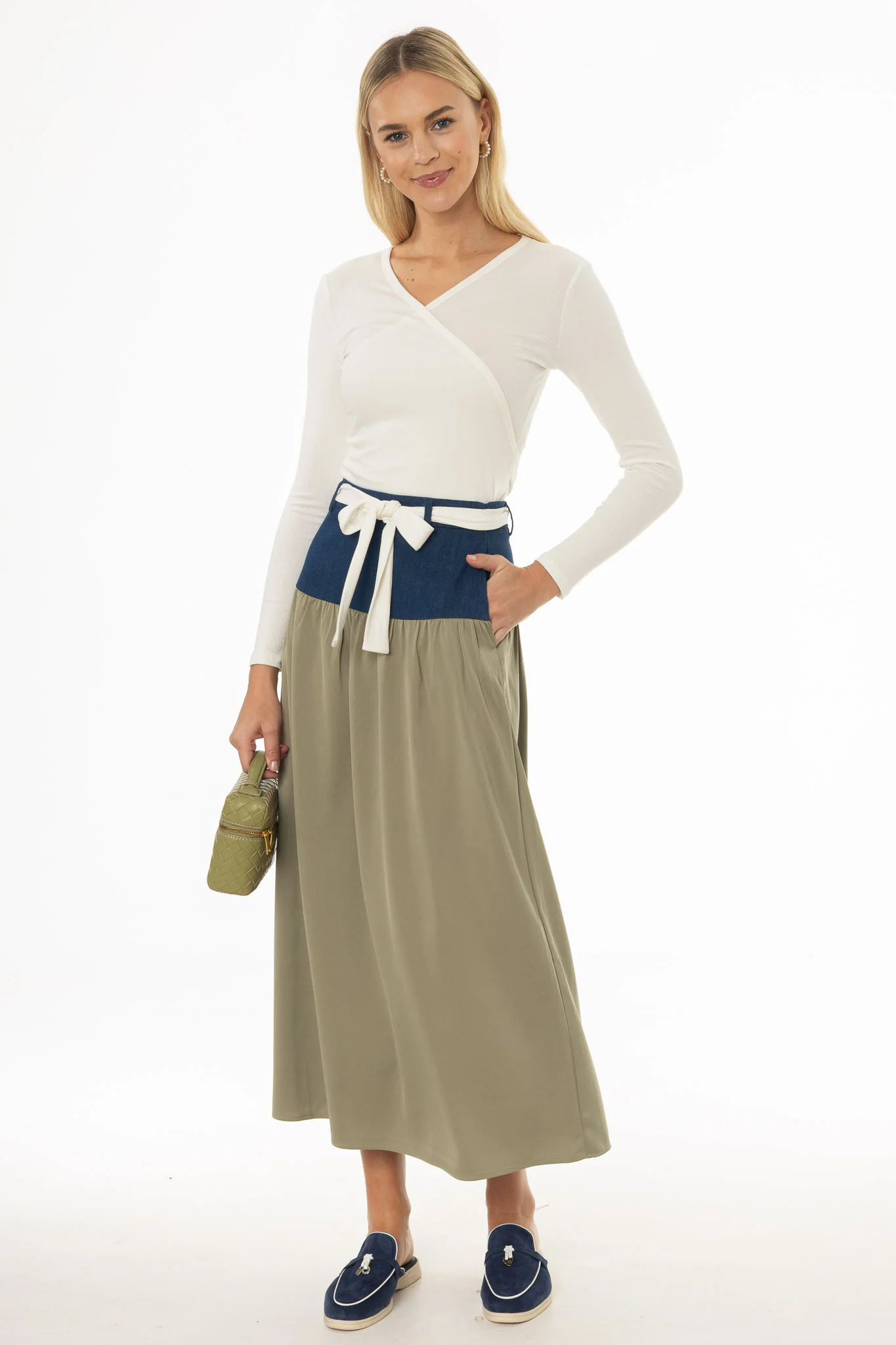 Olive Denim Combo Maxi Skirt - Image 5