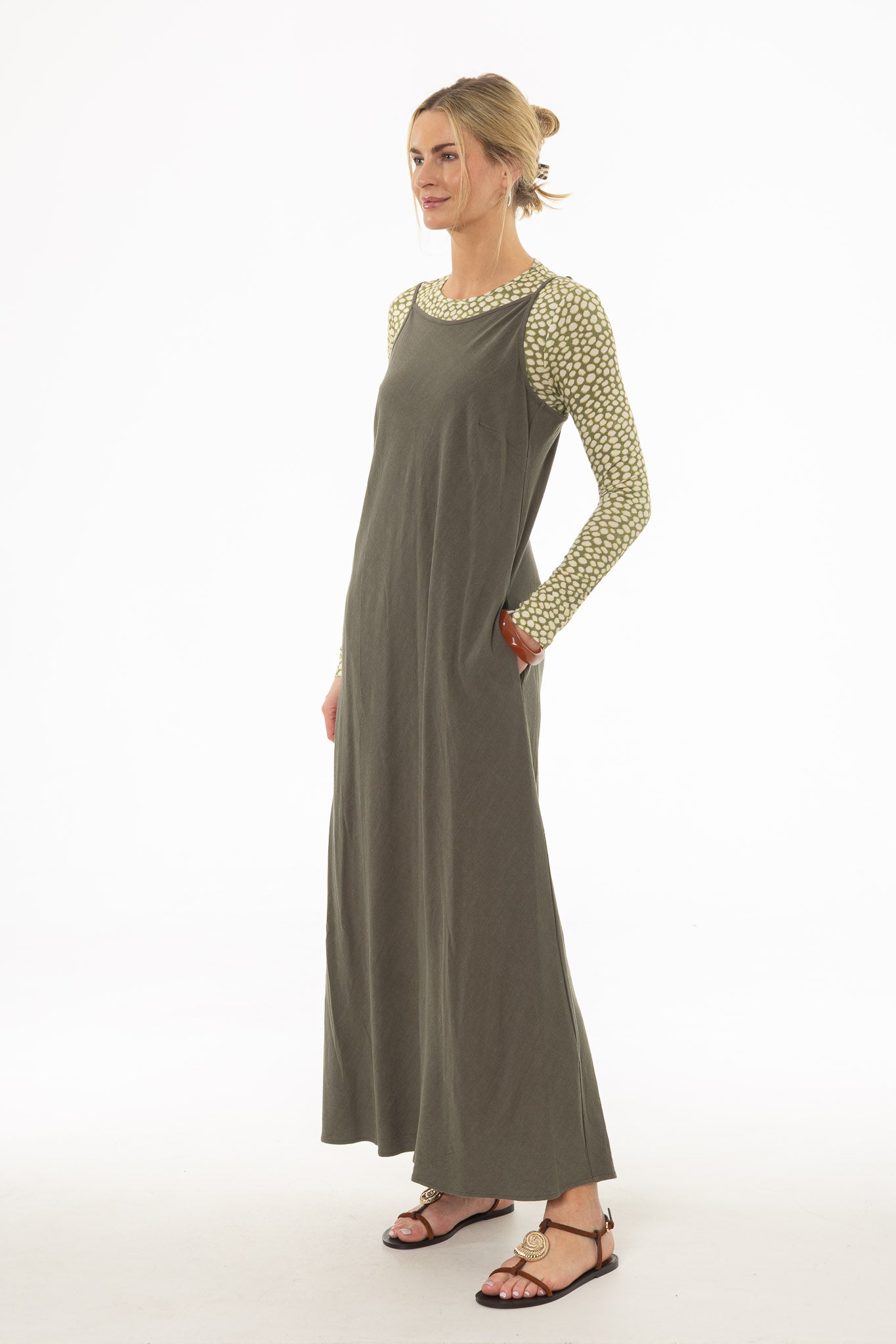 Olive Linen Feel Slip Dress - Image 3