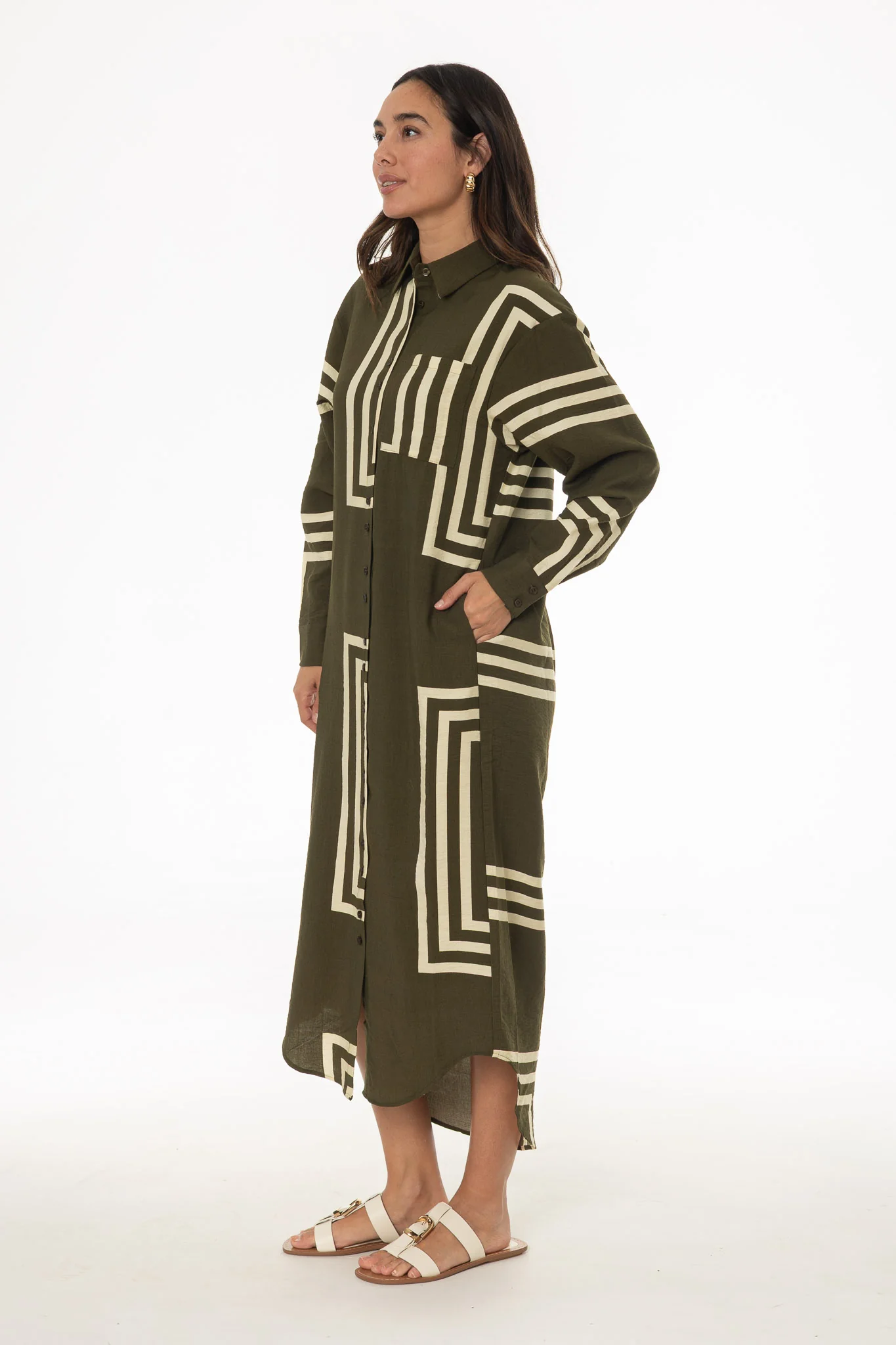 Olive Printed Shirt Maxi Dress - Image 3