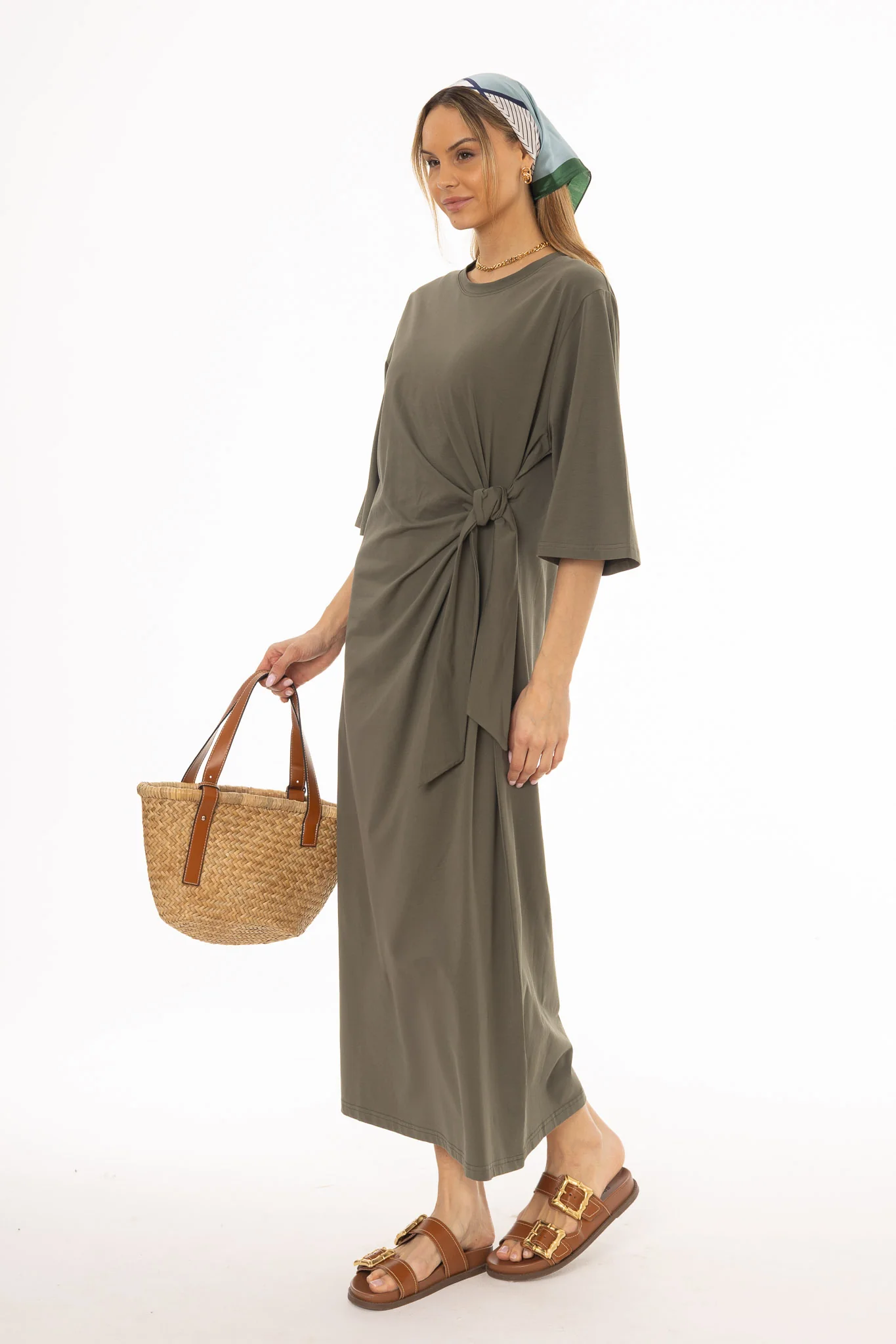 Olive Side Tie T-Shirt Maxi Dress - Image 3