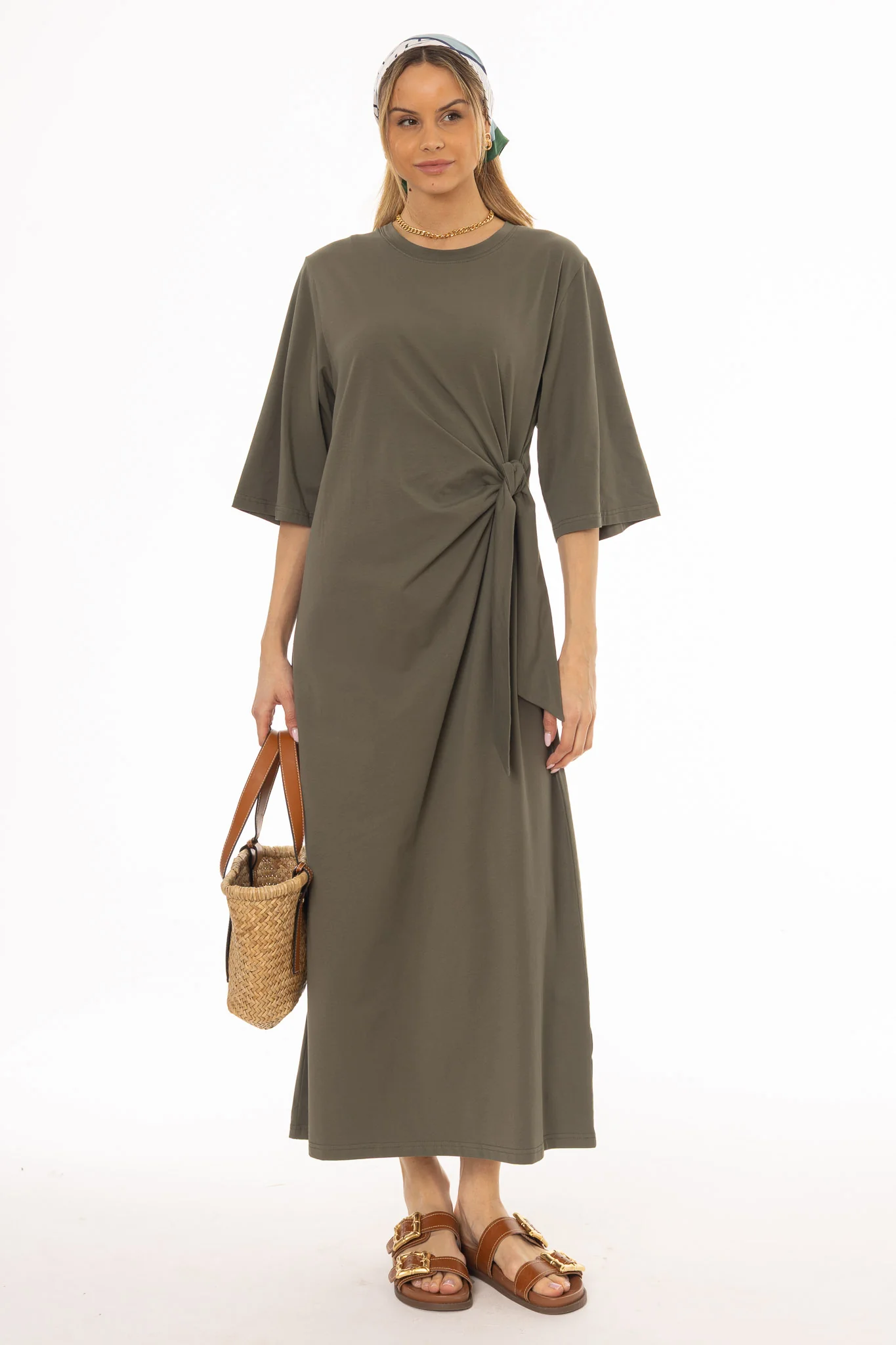 Olive Side Tie T-Shirt Maxi Dress - Image 5