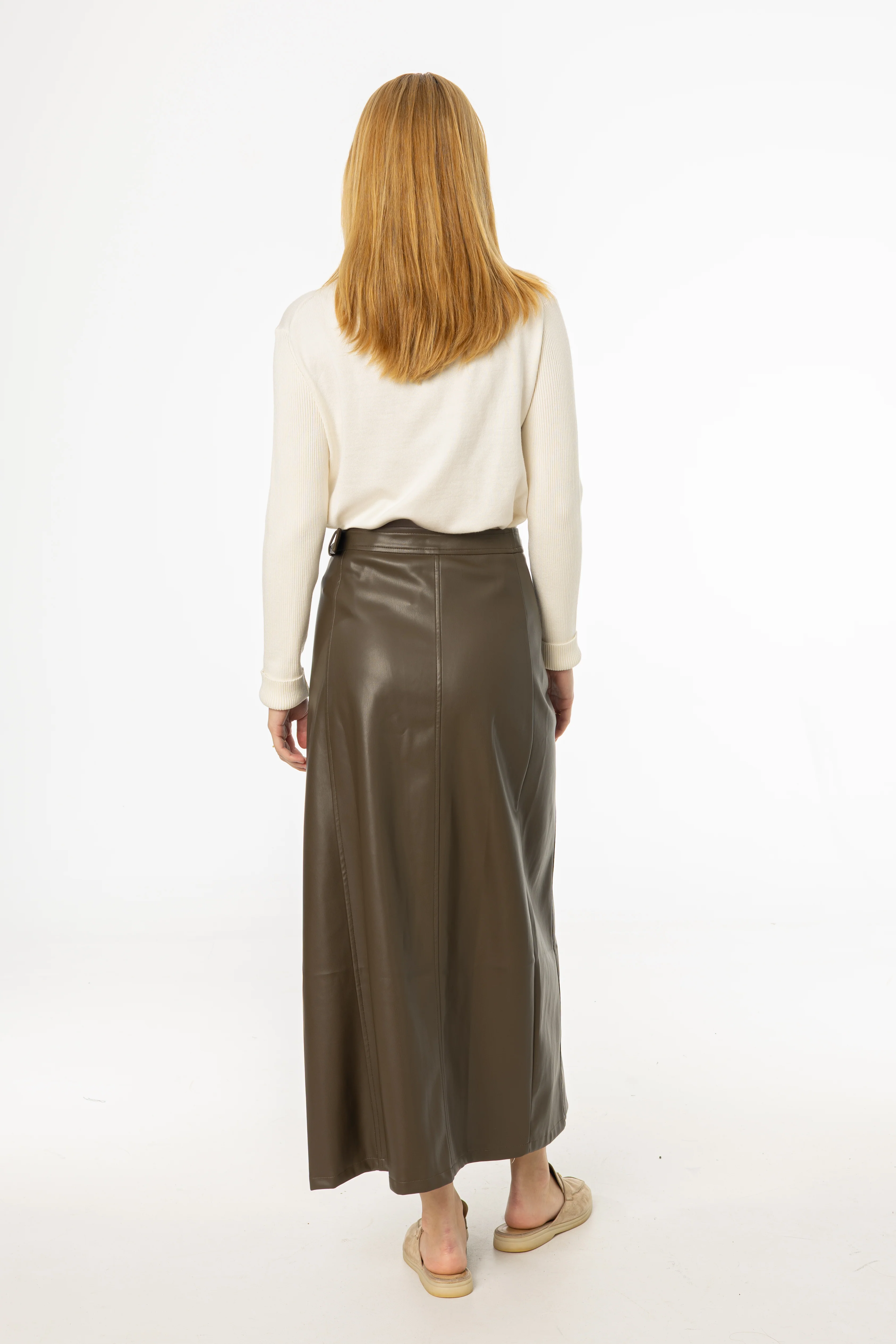 Olive Wrap Vegan Leather Maxi Skirt - Image 3