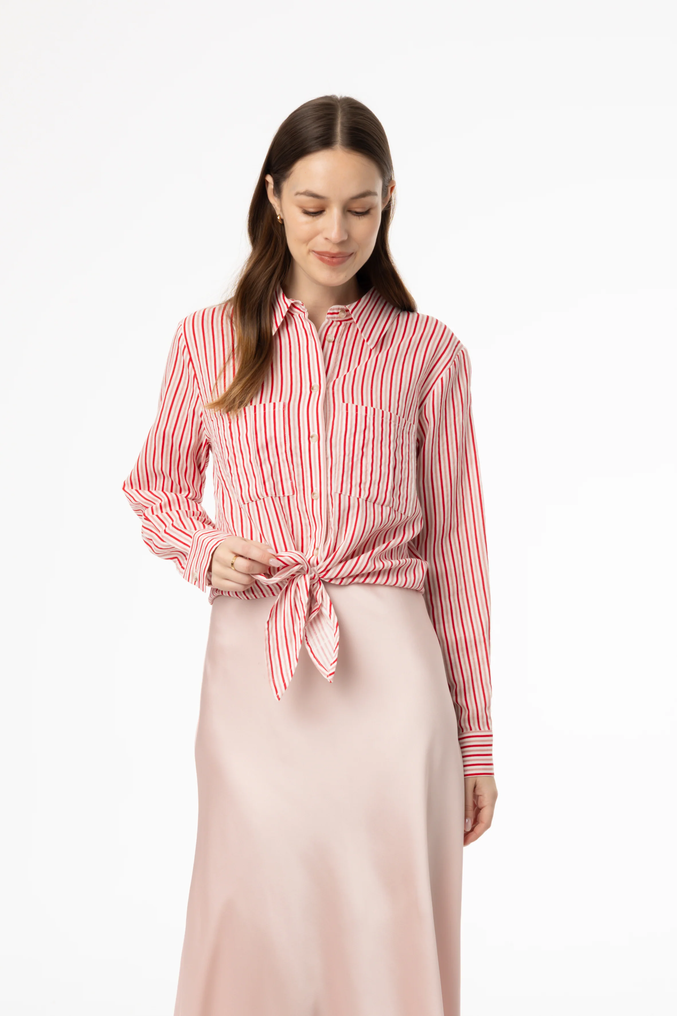 Pink Multi Striped Tie Blouse - Image 2