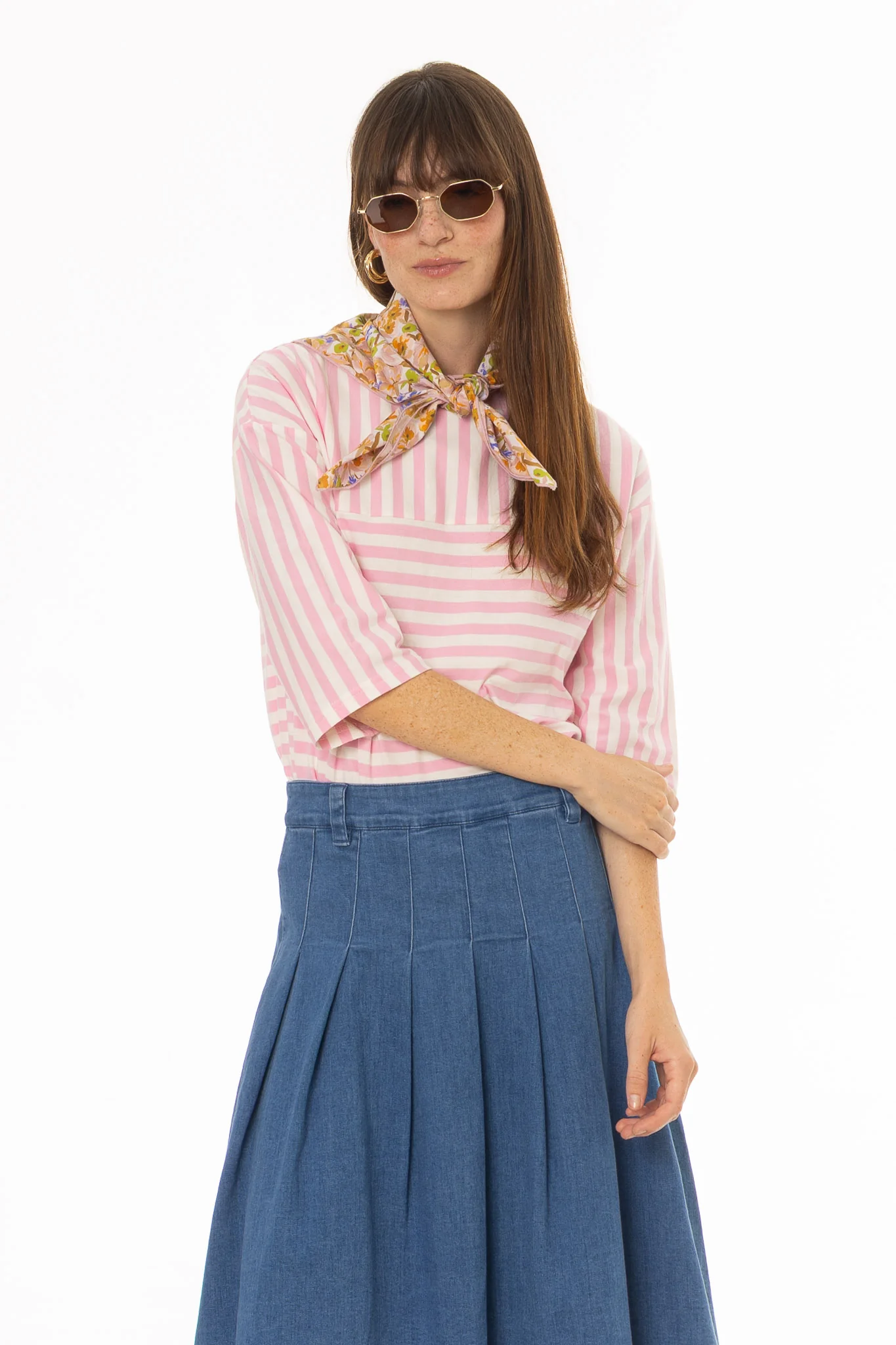 Pink Striped Contrast T-Shirt - Image 3