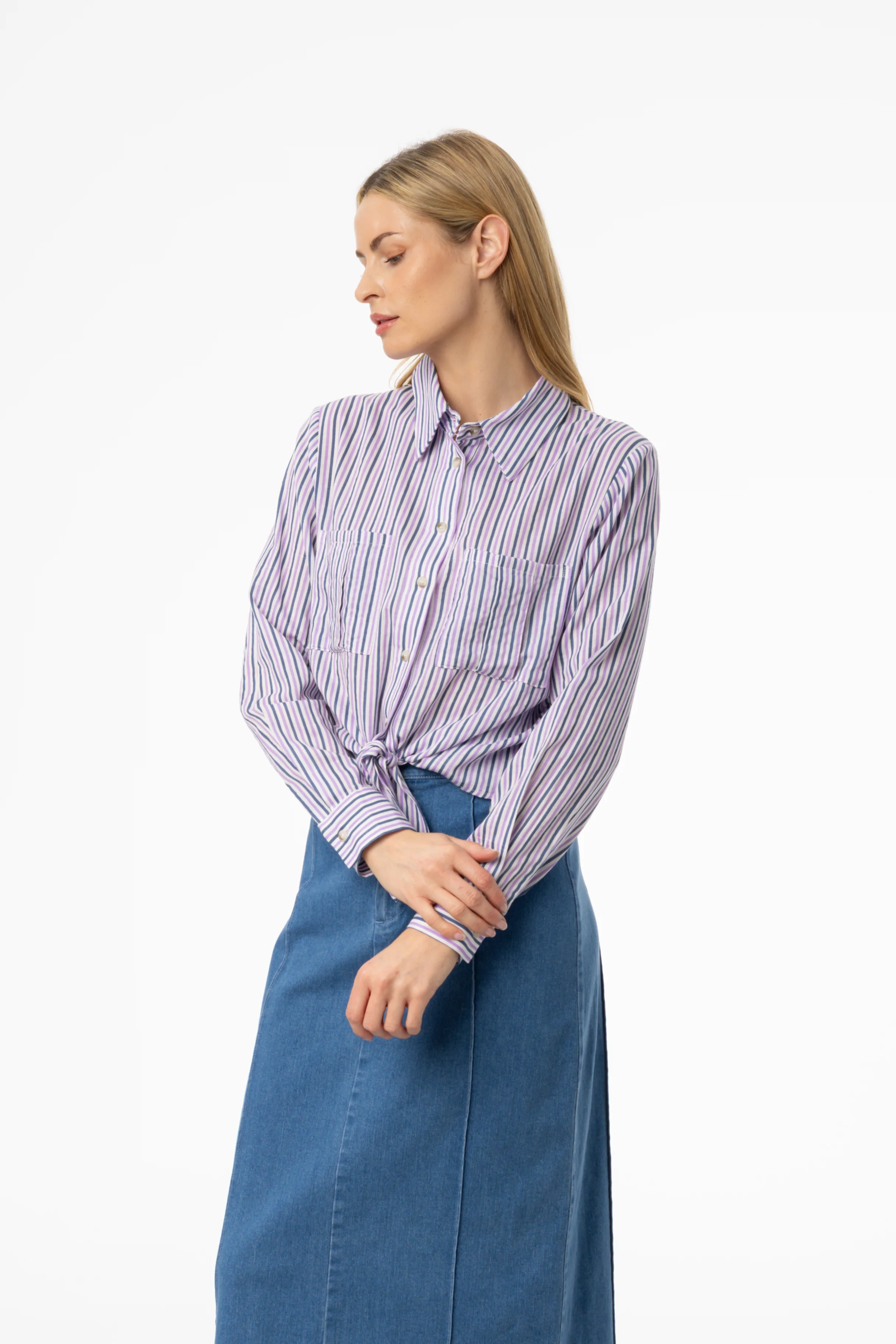 Purple Multi Striped Tie Blouse - Image 2