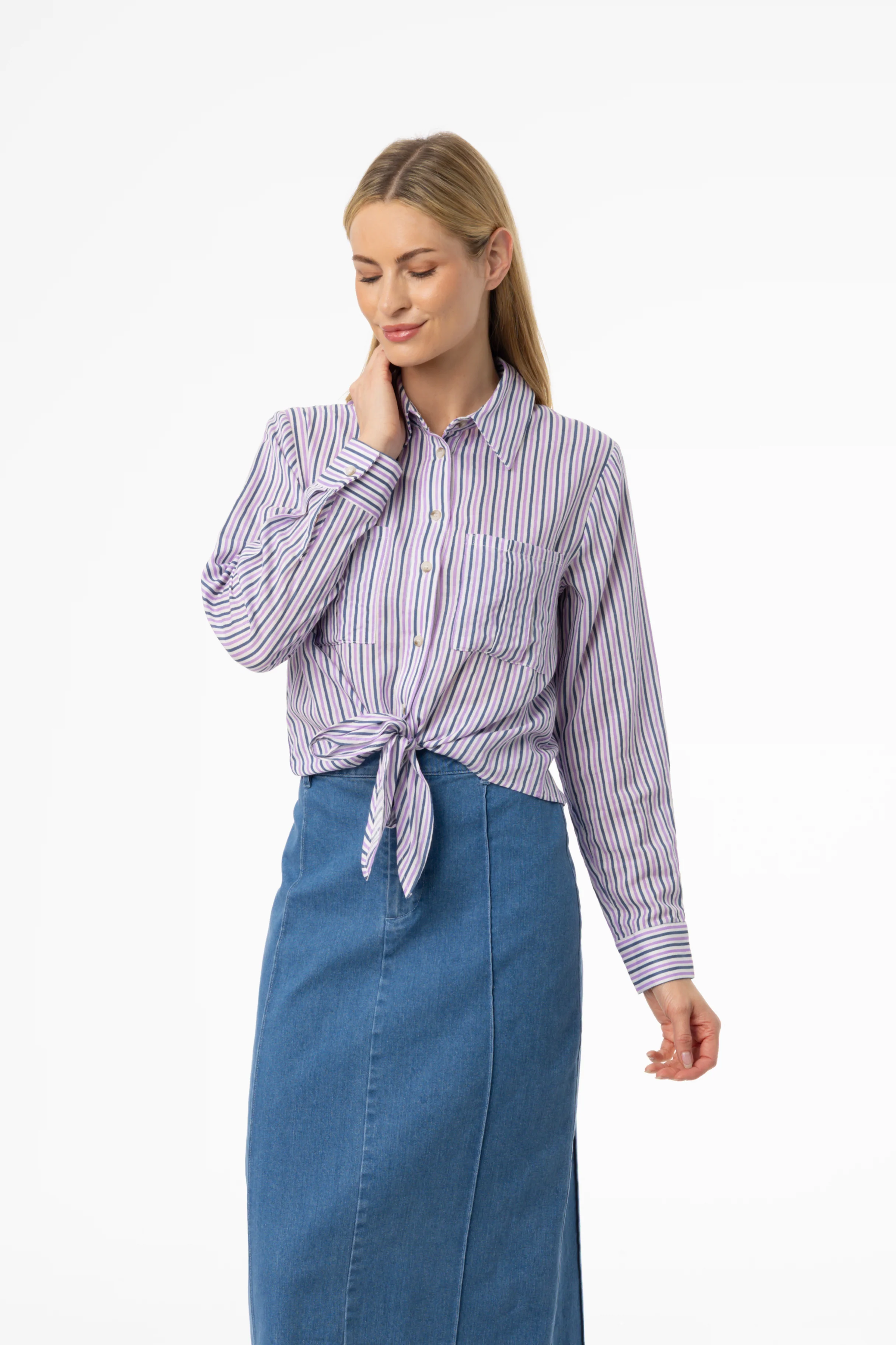 Purple Multi Striped Tie Blouse - Image 4