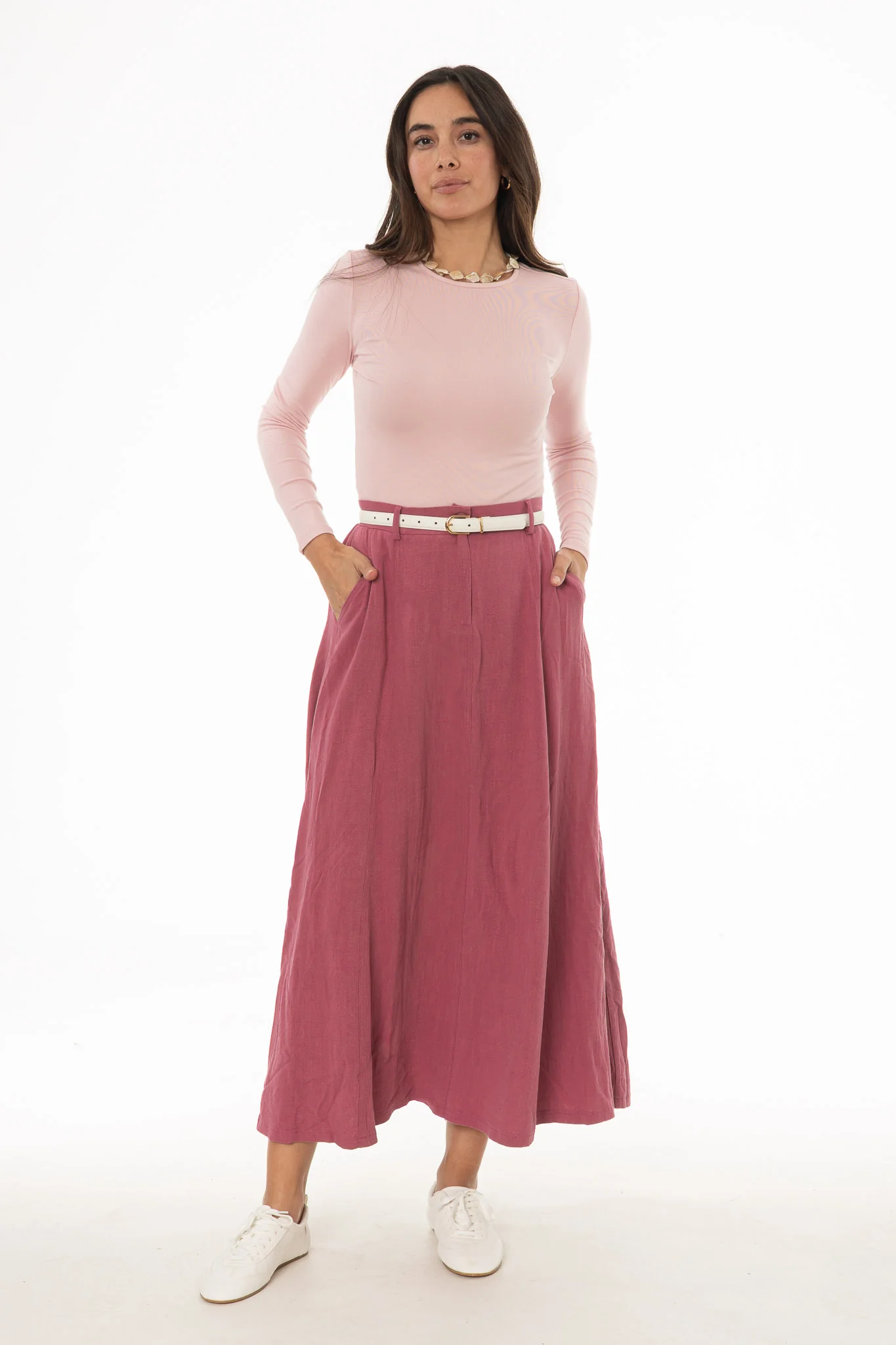 Raspberry Paneled Linen Feel Maxi Skirt