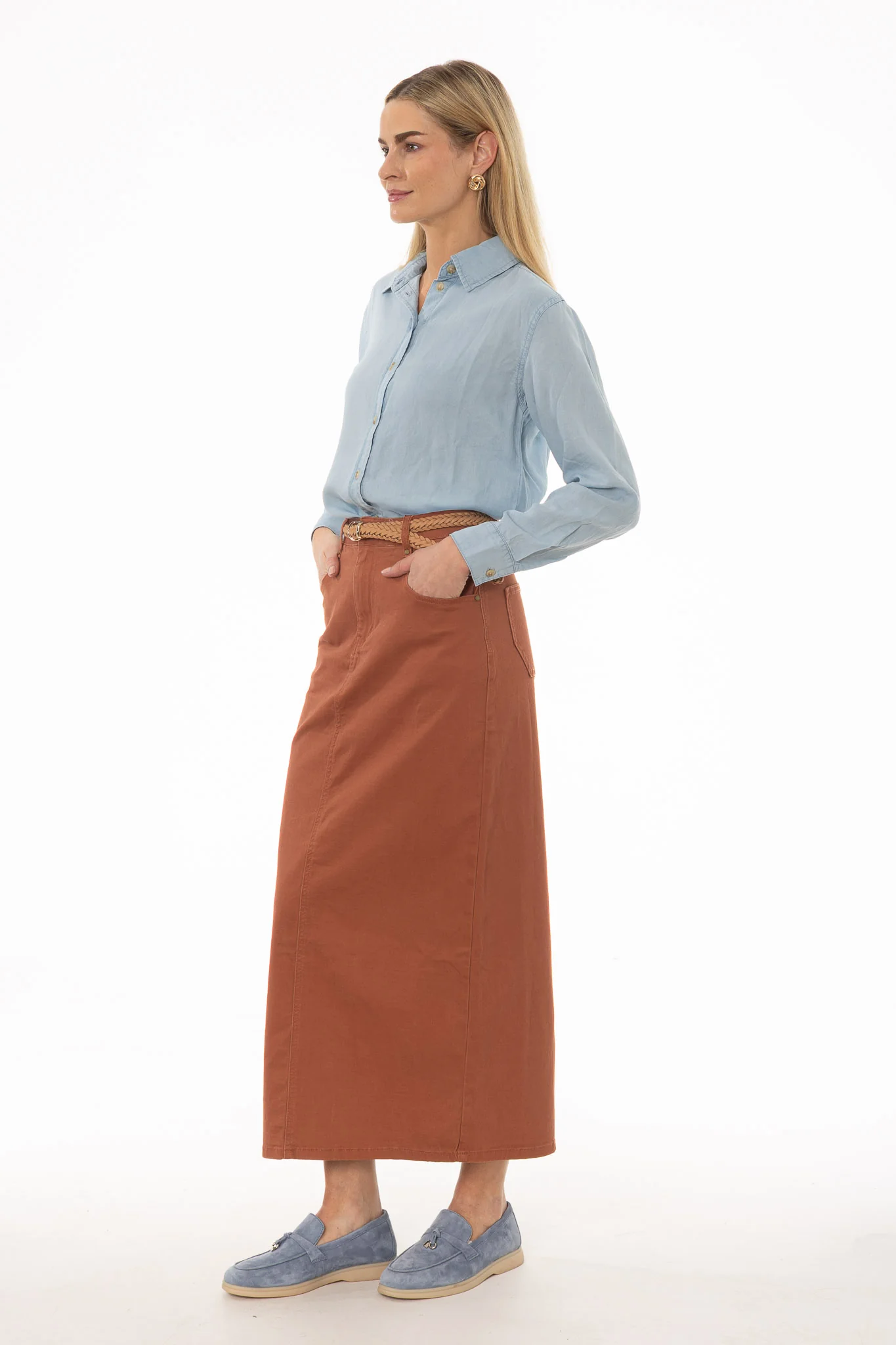 Rust Basic Denim Maxi Skirt - Image 3