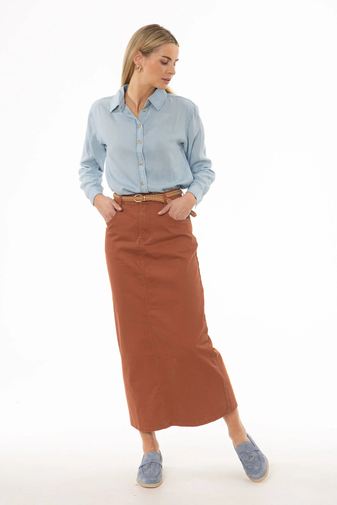 Rust Basic Denim Maxi Skirt - Image 5